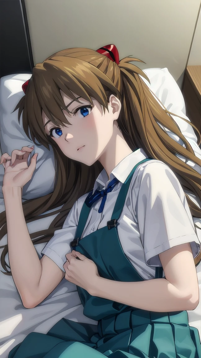 (((Pixel Perfect, Perfect detail))), One Girl, alone, From above, Asuka Langley Soryu, (Soryu Asuka Langley:1.2), Long Hair, bangs, blue eyes, Brown Hair, hair ornaments, skirt, shirt, ribbon, , white shirt, Short sleeve, blue skirt, suspenders, clock, suspender skirt, wristclock, Tokyo 3 Middle , (Lying in bed:1.3), indoor, whole body