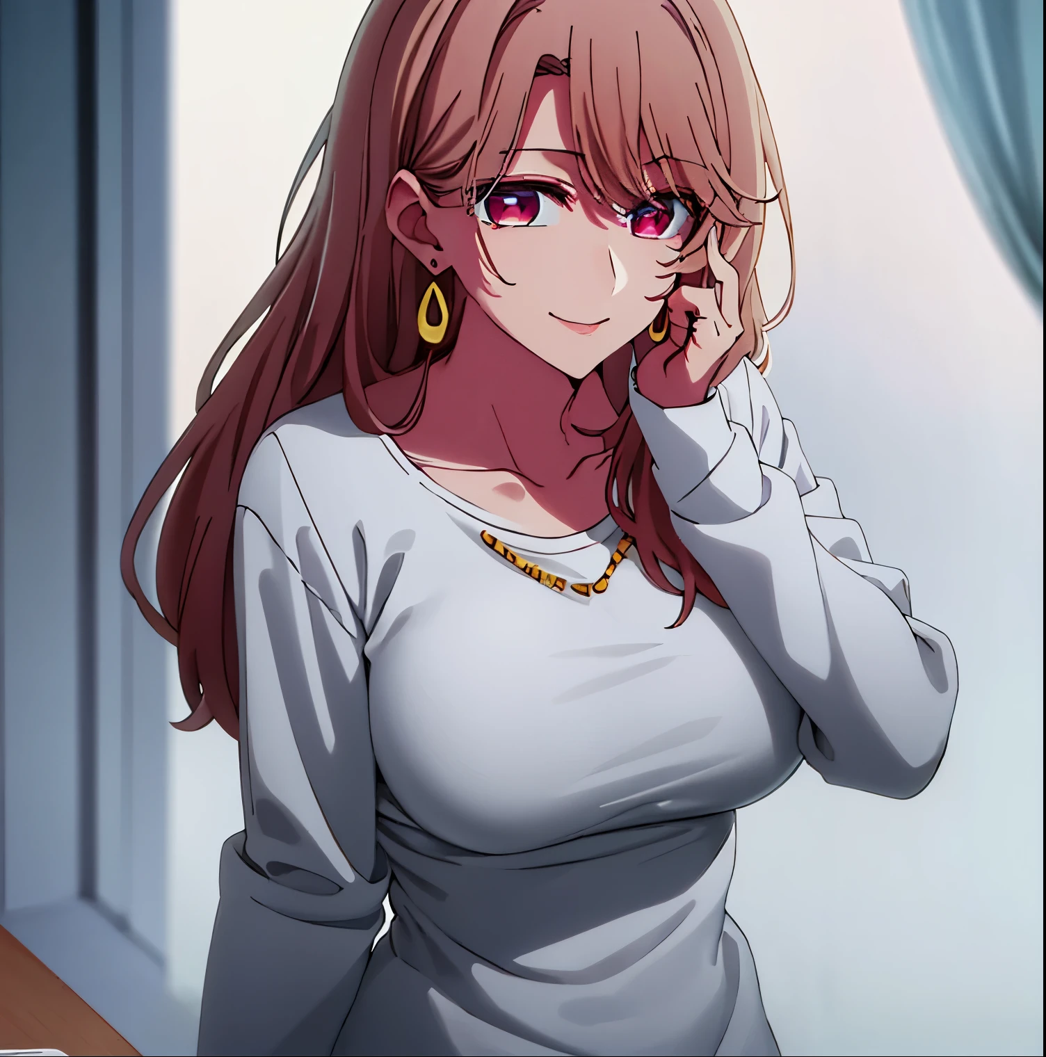 1 girl, alone, Miyako saitou, long, earrings, jewelry, (white_jacket), (red_dress), (deep_neckline), long_sleeves, jewelry, collarbone, earrings, open_clothes, , pink eyes, light brown hair, eyebrows visible through hair , 1 girl bangs, 20 years old, young woman, beautiful finger, beautiful long legs, beautiful body, beautiful nose, beautiful design characters, perfect eyes, perfect face, expressive eyes, perfect balance, looking at the viewer, point of view ( from above), (innocent_big_eyes:1.0), Light_Smile, official art Extremely detailed CG Unity 8k wallpaper, perfect lighting, colorful, bright_front_lighting, glowing skin, smile, (masterpiece: 1.0), (best_quality: 1.0), ultra-high resolution , 4K, ultra-detailed, 8K, HDR, high resolution, absurdities: 1.2, Kodak portra 400, film grain, background blur, bokeh:1.2, lens flare, (vibrant_color:1.2), professional photography, (Beautiful_big_breasts:1.4), (beautiful_face:1.5), (narrow_waist), perfect hands, perfect anatomy