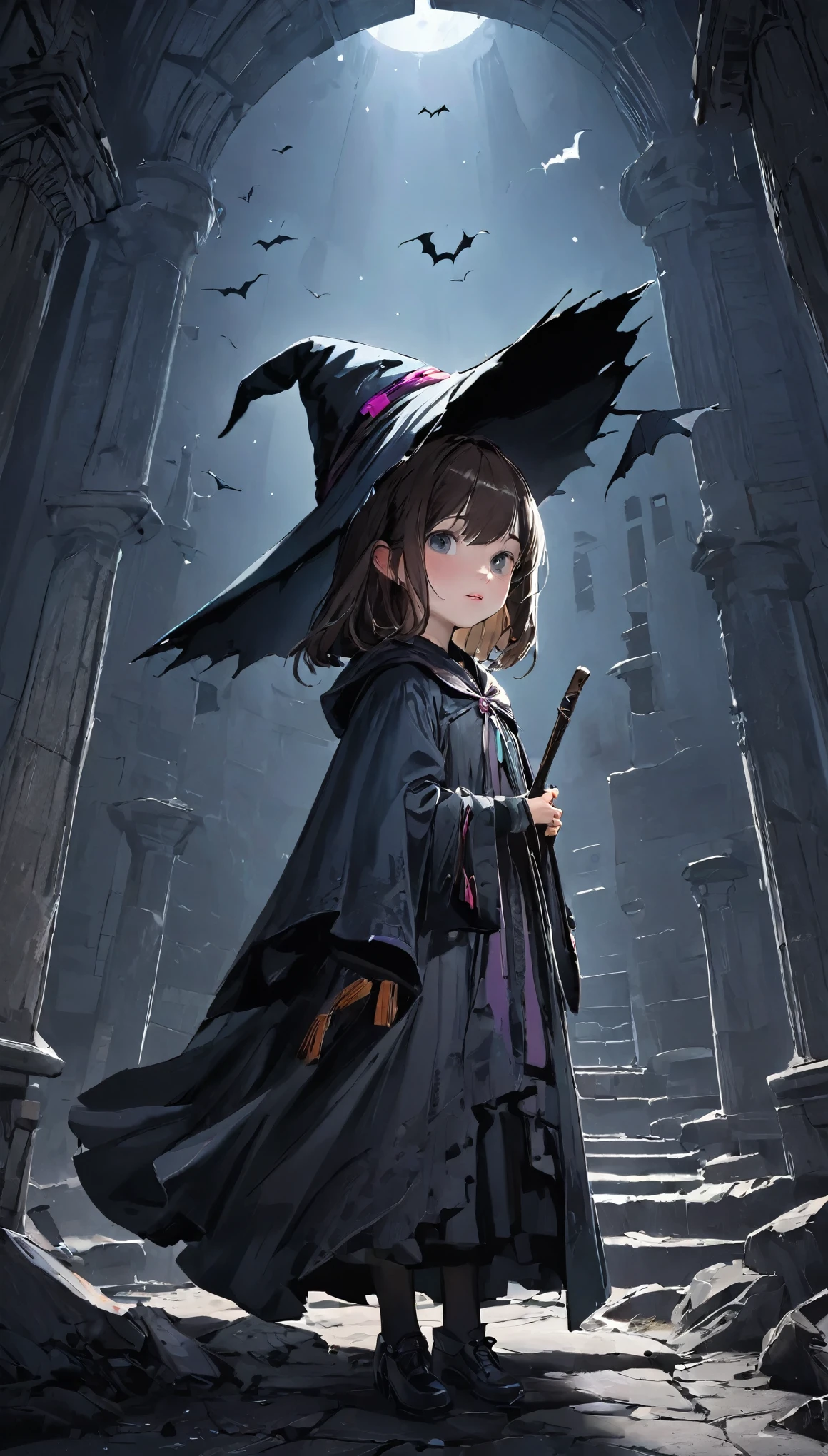 (highest quality, Tabletop),( Dark Sky,  Inside the ruined temple ), Realistic background, 2112, Light*_black_particle,highest quality,Tabletop,solo,Witch Hat,Large brim cap,１４Cute Girl of the Year,Bat,飛んでいるBat,Long Shot, (Low angle), (top down), Realistic scale,Significant shrinkage:1.5、Photo Real、Super Detail, Realistic, Ultra-realistic, Realistic rendering, (((Dark Room:1.3))),Professional Photographer