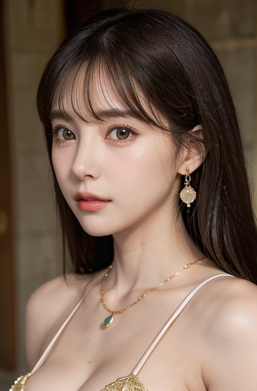  in castle , detailed hand , high quality, super quality, (detailed face:1.2), beautiful woman , golden eyes, long hair , mega breast , gorgeous dress, necklace , earring , sharpe eyebrow , upper body photo 