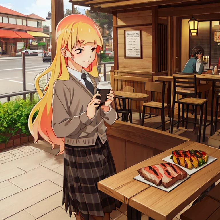 Shiraki Hime grilling steaks at a coffee shop