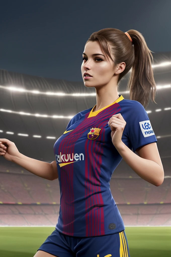 A very sexy woman wearing an FC Barcelona shirt playing soccer in a stadium. The woman would have her hair in a light brown ponytail. You would only see a woman.