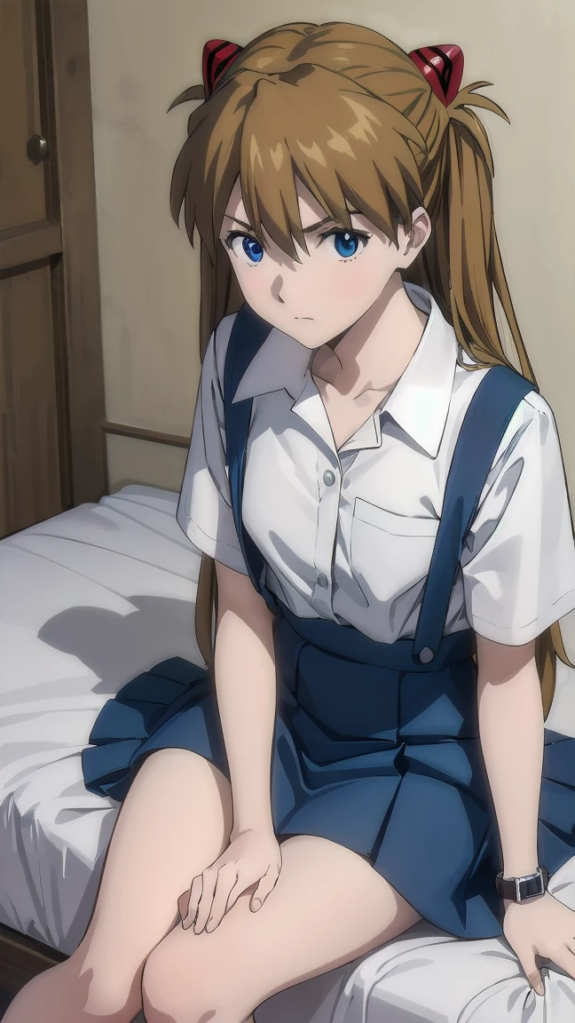 (((Pixel Perfect, Perfect detail))), One Girl, alone, from above, asuka langley soryu, (souryuu asuka langley:1.2), long hair, bangs, blue eyes, brown hair, hair ornament, skirt, shirt, ribbon, , white shirt, short sleeves, blue skirt, suspenders, watch, suspender skirt, wristwatch, tokyo-3 middle , (sitting in bed:1.3), indoor, whole body