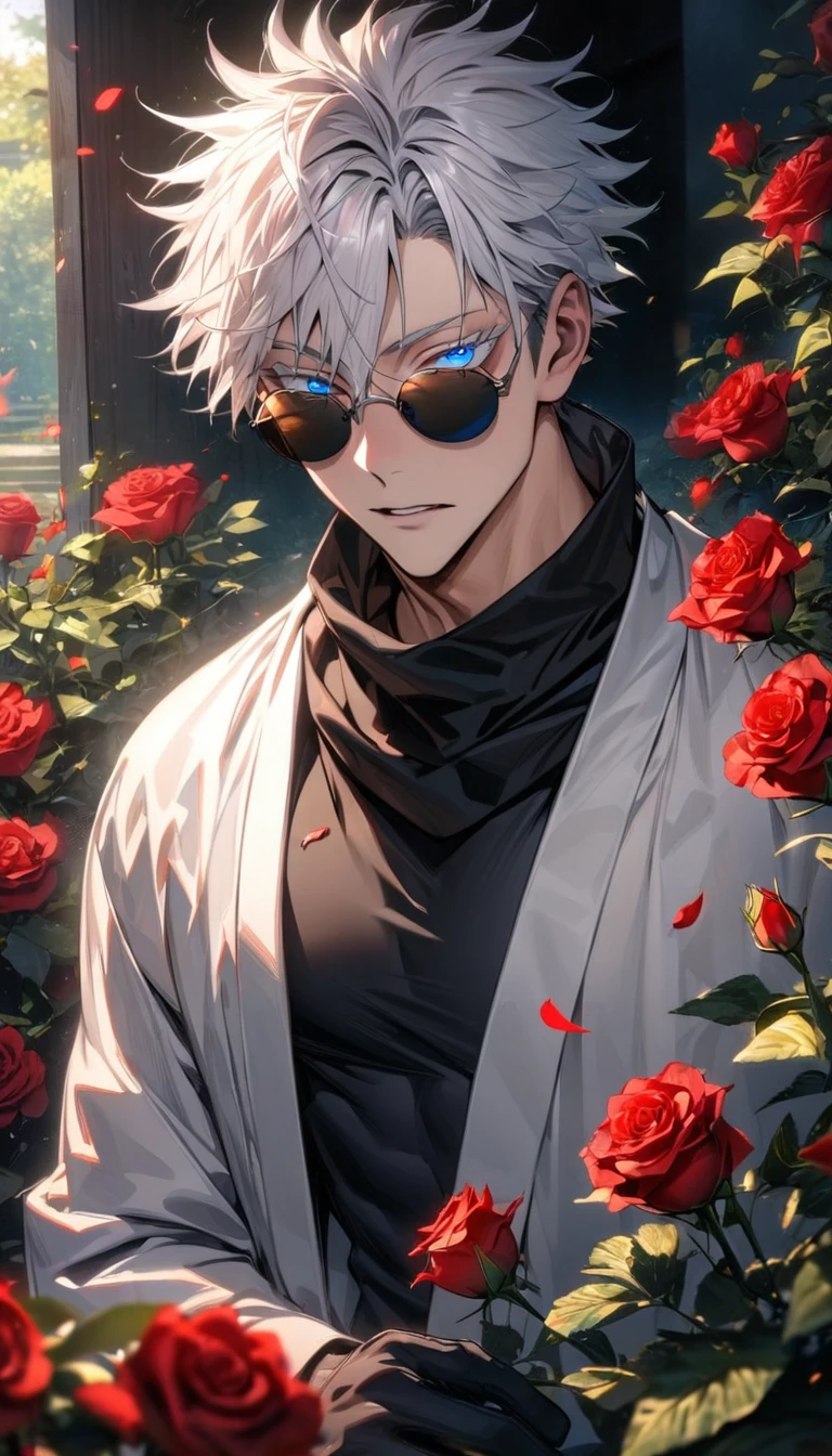(absurdres, highres, ultra detailed, HDR), masterpiece, best quality, Gojo Satoru, sexy man, solo, handsome, short hair with bangs, white hair, hair between the eyes, vibrant blue eyes, white eyelashes, Jujutsu Kaisen, finely eye and detailed face, round black sunglasses, black scarf, white haori, black tight shirt, black gloves, red roses, garden, petals, glass