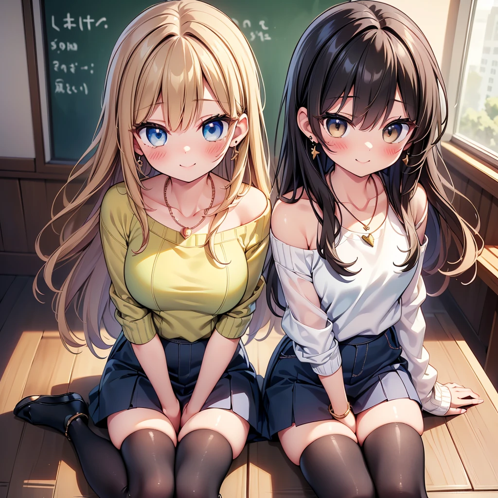 (Tabletop, highest quality, High resolution, , Perfect Pixel, 4K,), 1 girl, single, alone, Beautiful woman、I could see the whole body、 ((wavy mid hair, bangs, Brown Hair)), ((Brown eyes, Beautiful eyelashes, Realistic eyes)), ((Detailed face, blush:1.2)), ((Smooth texture:0.75, Realistic texture:0.65, Realistic:1.1, Anime CG Style)), Medium Chest, Dynamic Angle, Perfect body, female teacher、((, Beige off-the-shoulder sweater、Tight denim skirt、Black Stockings、Cute Necklace、Earrings、)), look up、A shy smile、look back、Leaning forward、)、Angle from below、、、