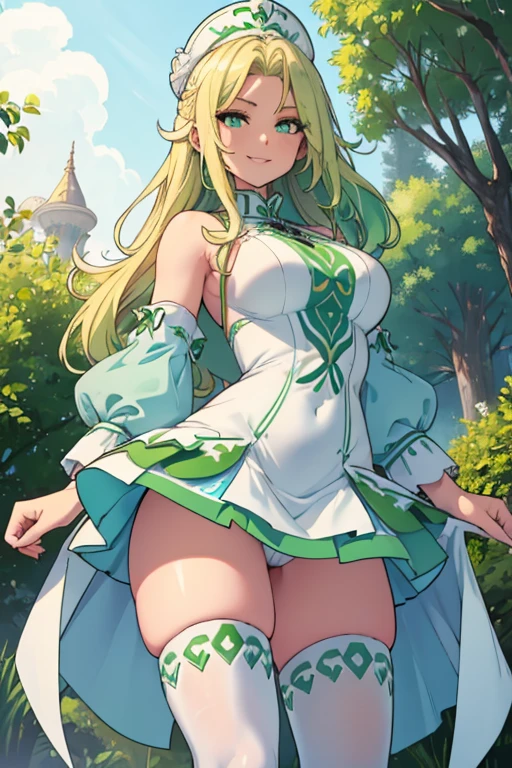 female, blonde flowing hair with green highlights, green eyes, (((1girl))), (((light blue minidress with white trim))), (green skirt), (white thigh high socks), (black boots), cute and sexy, full body, large breasts, large butt, long legs, smiling