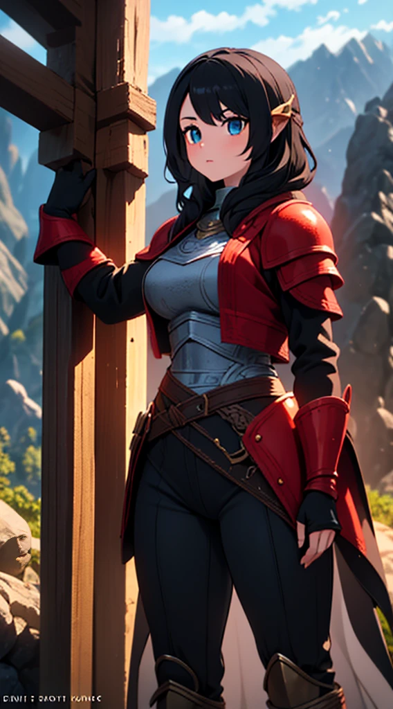 high quality, highly detailed,A young woman with long, curly black hair, with a determined gaze and a confident stance, wears armor inspired by the universe of Skyrim. Each piece of the armor, meticulously crafted, reflects the light as if forged by skilled artisans of Tamriel. Her eyes gleam with the promise of adventure as she wields a sword, ready to face the challenges that await beyond the horizons of Skyrim. Around her, a breathtaking landscape of mountains and forests, where dragons soar and ancient secrets await to be discovered. What is the journey of this young warrior? What epic destinies is she destined to achieve in this vast and magical world?