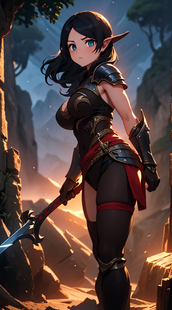 high quality, highly detailed,A young woman with long, curly black hair, with a determined gaze and a confident stance, wears armor inspired by the universe of Skyrim. Each piece of the armor, meticulously crafted, reflects the light as if forged by skilled artisans of Tamriel. Her eyes gleam with the promise of adventure as she wields a sword, ready to face the challenges that await beyond the horizons of Skyrim. Around her, a breathtaking landscape of mountains and forests, where dragons soar and ancient secrets await to be discovered. What is the journey of this young warrior? What epic destinies is she destined to achieve in this vast and magical world?