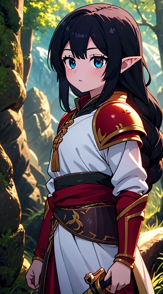 high quality, highly detailed,A young woman with long, curly black hair, with a determined gaze and a confident stance, wears armor inspired by the universe of Skyrim. Each piece of the armor, meticulously crafted, reflects the light as if forged by skilled artisans of Tamriel. Her eyes gleam with the promise of adventure as she wields a sword, ready to face the challenges that await beyond the horizons of Skyrim. Around her, a breathtaking landscape of mountains and forests, where dragons soar and ancient secrets await to be discovered. What is the journey of this young warrior? What epic destinies is she destined to achieve in this vast and magical world?