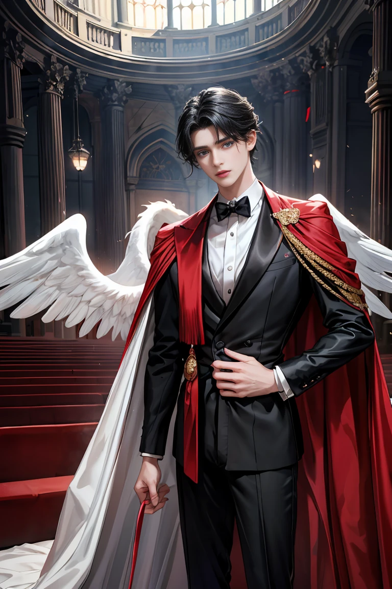 masterpiece, 最high quality, high quality, 1 boy, alone, Male focus, Watching the audience, Messy black hair, Adorable big blue eyes, White, Noble, Noble, Beautiful angel、Tuxedo、A tall stand-up collar, very big, very big, very big, long, long, reaching down to the floor, a long, long red and black cape made with a lot of fabric, ,Cute beautiful boys,Cute, cute, kind, handsome guy