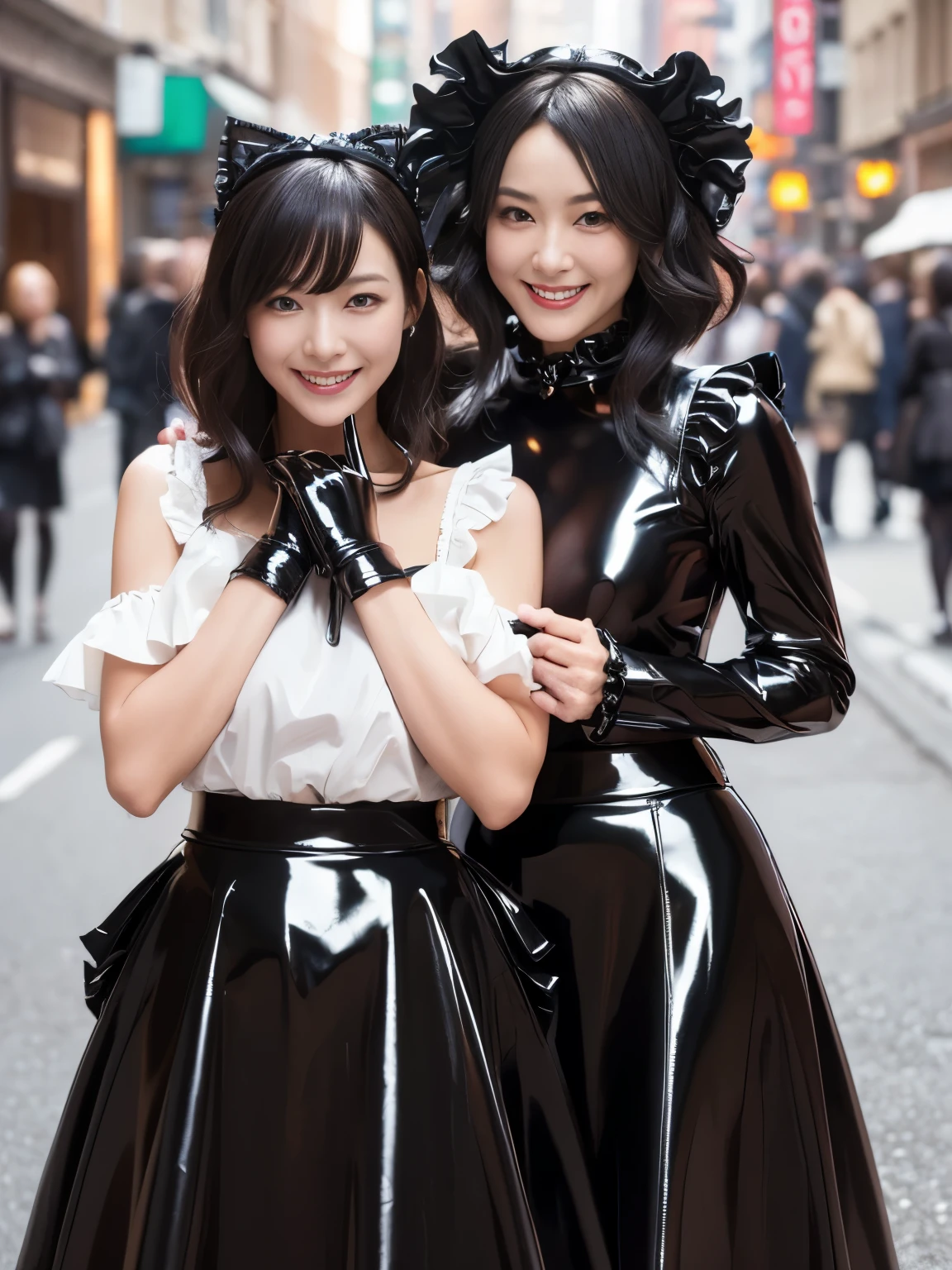 (Tabletop:1.0), (highest quality:1.4), (High resolution:1.2), (Realistic:1.4),(from the front:1.5), (8k, RAW Photos:1.2), (Soft Focus:1.4),break,There is 2girls wearing ラバー gothic lolita  who is standing on the street and Embrace each other and smiling and taking pictures,Lesbians all over the world, (Embrace each other:1.2),break,彼女は半透明のlatexのゴシックロリータを着ている,(Rubber Gothic Lolita:1.3) ,(Rubber frill skirt:1.4),break,Slime Skin,Sleek and tight Gothic Lolita, Beautiful Skin,latex, Translucent body,latex Shiny,Detailed hands and fingers,(Shinylatex製の茶色の手袋:1.5), Skin-tight gloves,break,Bob Hair,glossy Shiny reflective,Natural Makeup,Japanese Goddess, Glowing Skin,Gorgeous Japanese Model,Shiny,Shiny,slimy,(Shinyサイハイブーツ:1.2),break,Detailed Background,In the city
