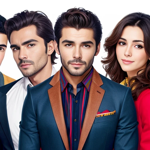 group color photo of heartthrobs Spanish men and best Spanish women, focus on the character's face, 4k color photo