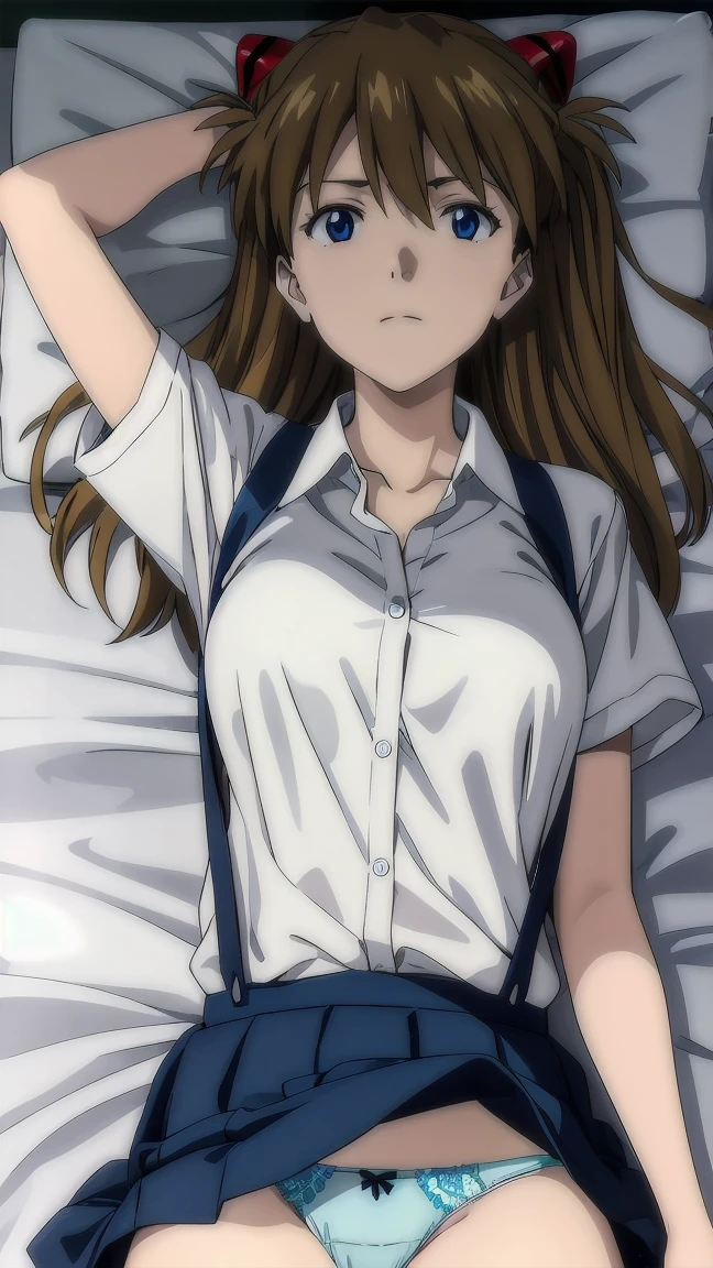 (((Pixel Perfect, Perfect detail))), One Girl, alone, From above, Asuka Langley Soryu, (Soryu Asuka Langley:1.2), Long Hair, bangs, blue eyes, Brown Hair, hair ornaments, skirt, shirt, ribbon, , white shirt, Short sleeve, blue skirt, suspenders, clock, suspender skirt, wristclock, Tokyo 3 Middle , (Lying in bed:1.3), showing panties, (showing panties:1.3), indoor, whole body