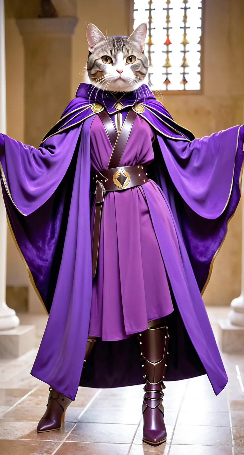Close-up of a cat wearing a purple coat and purple dress, purple leather garments, Flowing robes, Purple cloak, purple robe, dark purple garments, full body Purple cloak, saggy purple robe, Flowing robes and leather armor, purple suit, Purple clothes, Wearing a purple dress coat, Wearing a purple detail jacket, Purple Greek robe, Flowing Magic Robe