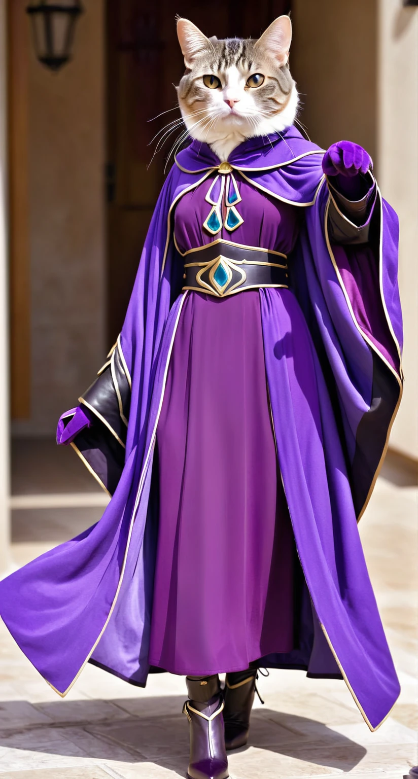Close-up of a cat wearing a purple coat and purple dress, purple leather garments, Flowing robes, Purple cloak, purple robe, dark purple garments, full body Purple cloak, saggy purple robe, Flowing robes and leather armor, purple suit, Purple clothes, Wearing a purple dress coat, Wearing a purple detail jacket, Purple Greek robe, Flowing Magic Robe