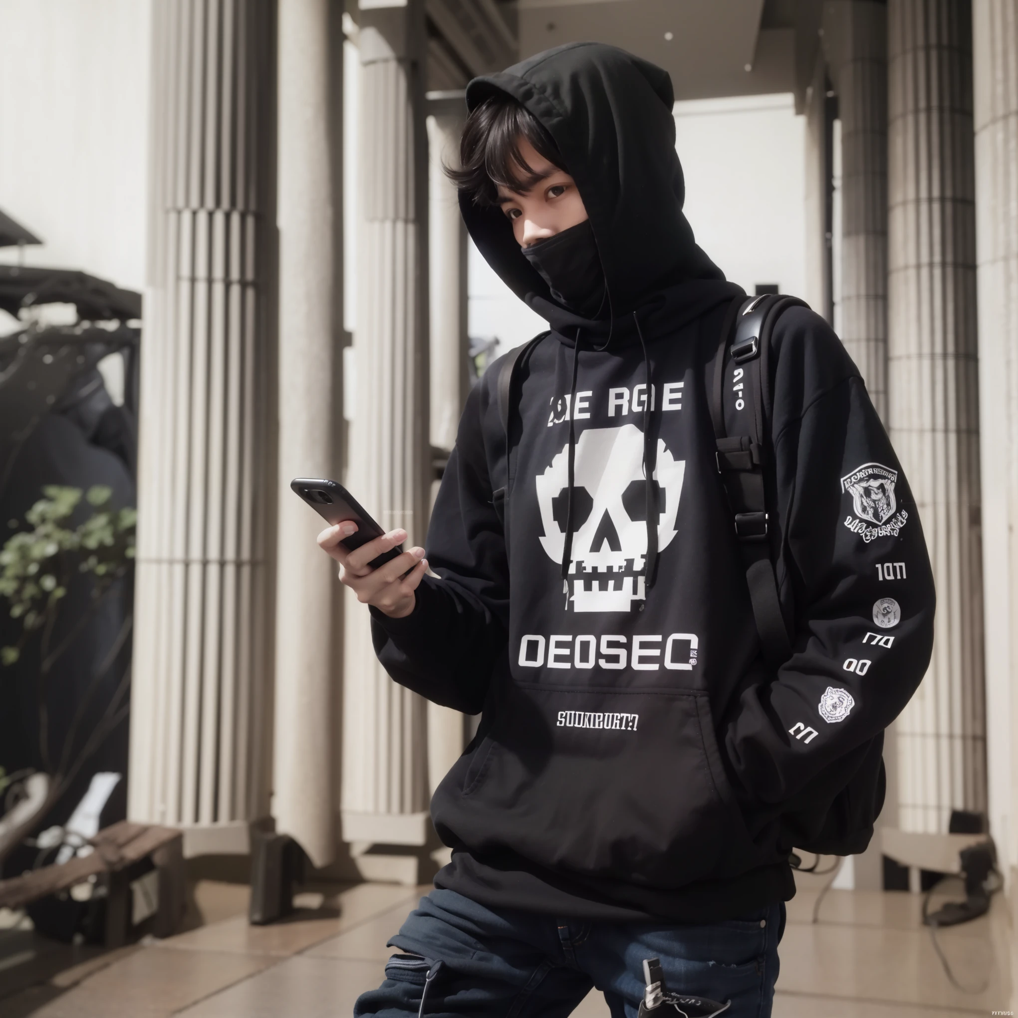 Man, 27 old years, Cool face, holding hp, black jeans, masterpiece, looking handphone, short hair