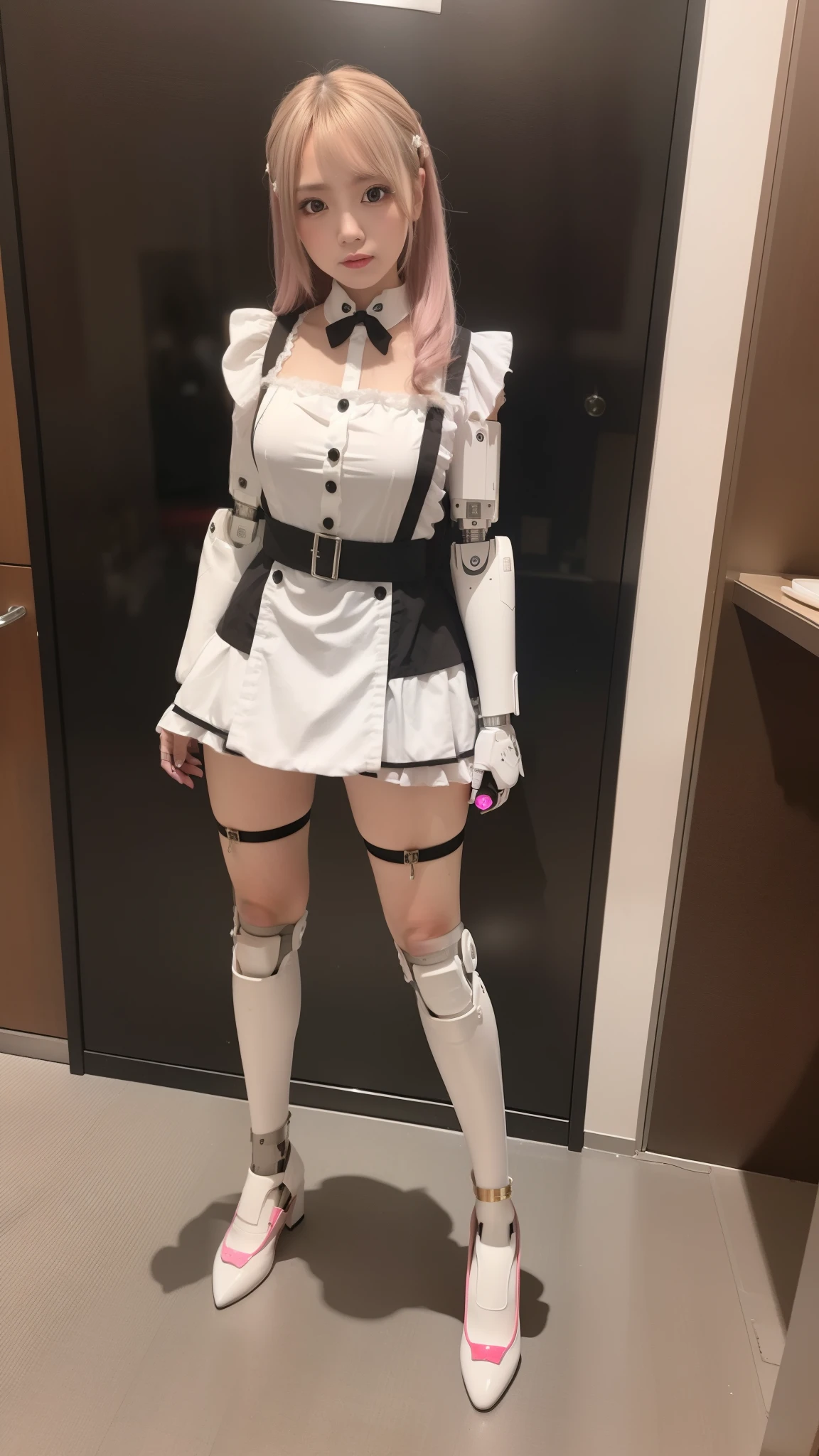 promo photo, waitresses, Gothic Lolita half costume and maid costume, Clothes based on white, robot