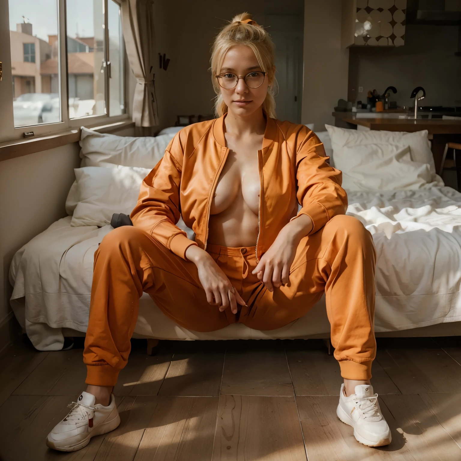 Beautiful blonde 26 years old woman, lolalove, pony tail, wearing orange bomber jacket, white loose t-shirt, natural morning light, realistic portrait, highly detailed, analog style, deep cleavage, large breast, full body, nerd glasses