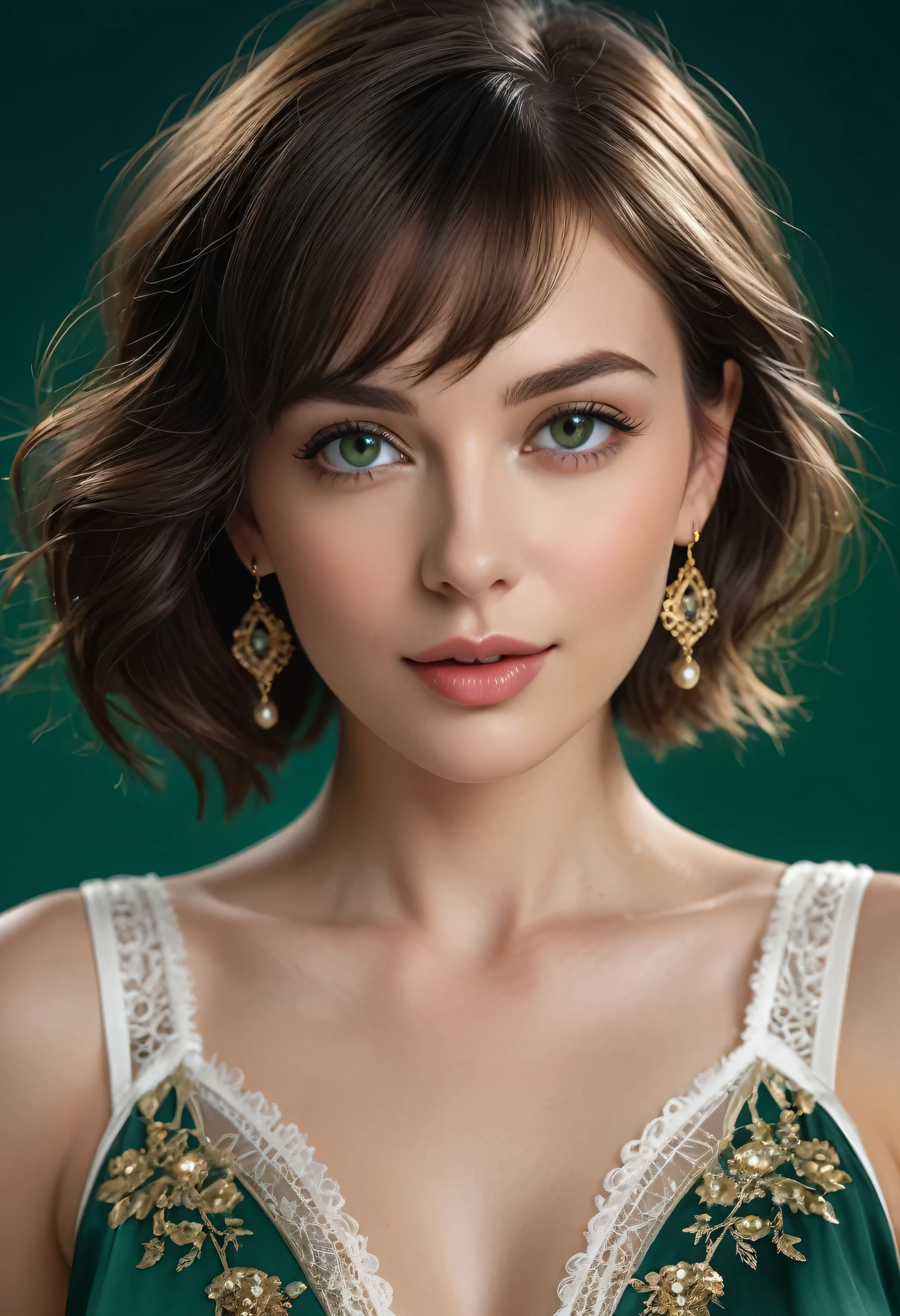 (Masterpiece, highest quality),1 girl, alone,Beautiful and cute beauty, Very realistic, Realistic, Watch your audience closely, Light brown eyes, Highly detailed shiny brunette short bob hair:1.8、Bob Hair:1.8、Beautiful white skin, Spring Clothes, lips, Beautiful Bangs:1.5, Mouth closed, Upper Body、Big eyes、eyelash、((Beautiful face in symmetry、Beautiful face with golden ratio、Very simple green color background:1.8))、(((Short hair with cute bangs:1.8、Big eyes、big and full chest、Looking at the audience、Ideal beauty、Show me your ears、beautiful long neck、smile、please close your mouth and smile)))、woman, Beautiful Face, perfection face, Blue eyes, full black hair, Pale white skin, A small smile, sexy, perfection, Face zoom in, Shoot close to your face against a completely white background, Emerald, highest quality, detailed, Canon EOS 80D Photo, Tall face, indoor, ((silk dress lingerie)) A fashion victorian style pretty woman portrait wearing luxurious detailed shades of silver and antic bronze tatted lace earrings decorated with precious stones and crystals in the style of liam sharp, Dutch tradition, webcam, Gail Simone, Mark Seliger, Alphonse Mucha inspired 8k, High resolution, Dark Background