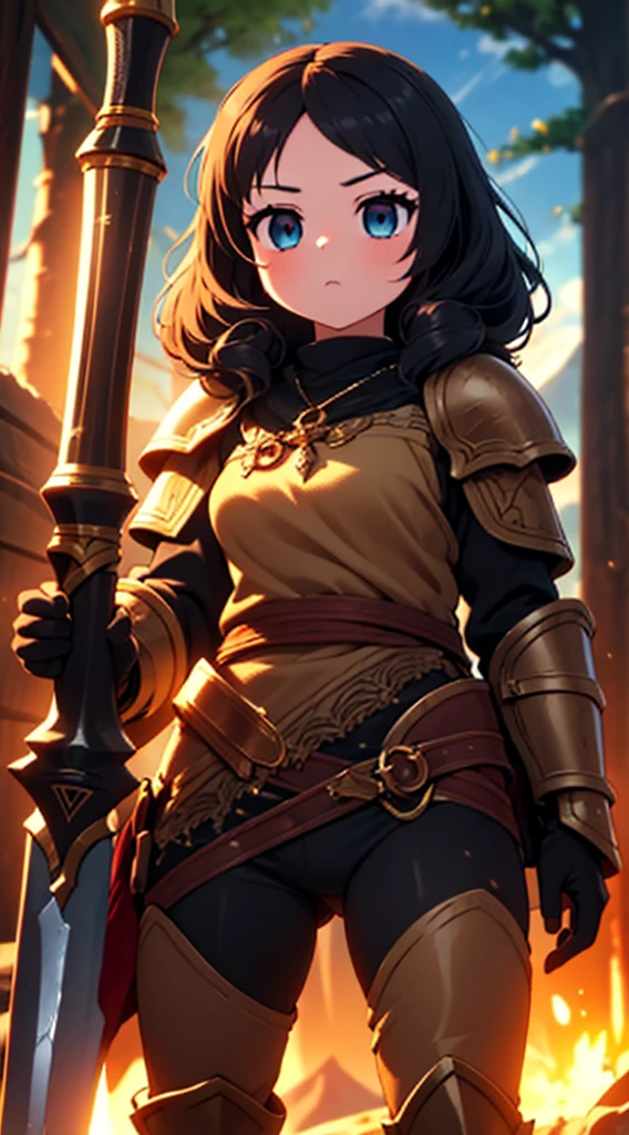 high quality, highly detailed,A young woman with long, curly black hair, with a determined gaze and a confident stance, wears armor inspired by the universe of Skyrim. Each piece of the armor, meticulously crafted, reflects the light as if forged by skilled artisans of Tamriel. Her eyes gleam with the promise of adventure as she wields a sword, ready to face the challenges that await beyond the horizons of Skyrim. Around her, a breathtaking landscape of mountains and forests, where dragons soar and ancient secrets await to be discovered. What is the journey of this young warrior? What epic destinies is she destined to achieve in this vast and magical world?