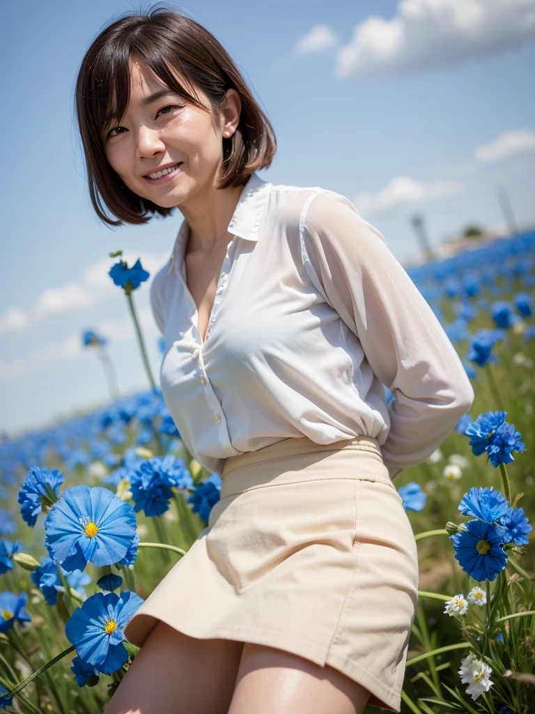 NSFW, ((highest quality)), ((8K)), ((masterpiece:1.3)), (perfect look), (photorealism:1.6), (Japanese woman standing in the middle of a flower field: 1.6), (outdoors), (bright blue sky), (Nemophila flower garden: 1.6), hideko_face, japanese woman, 47 years old, married woman, Wedding ring on the left ring finger, ((Realistic skin texture)), (Fine wrinkles throughout the skin: 1.3), (Dull skin: 1.1), (Skin without moisture: 1.2) , (Wrinkles on the face: 0.9), (Wrinkles on the corners of the eyes: 1.2), Double eyelids, tear bags on the lower eyelids, (Crying moles: 0.9), The eyes are looking here, serious gaze, (Dimples: 1.2), facial wrinkles:1.2, wrinkles around the eyes:0.8, tear bags around the eyes, double eyelid, The line of sight is looking at this, short bangs, short hair, (hair falls over ears), nervous look, smiling with the corners of his mouth turned up), (small breasts:1.2), soft fabric blouse, wide sleeves, Cuffs that fit your wrist, (The hem of the blouse is tucked into the skirt: 1.2), flare skirt, The shape of the nipple that stands out, small breasts, hard and erect nipples, ((whole body)), (super low angle:1.5), focus on upper body,