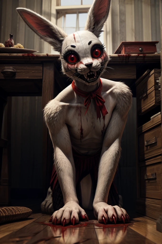 [V=" slim, female, cute, anthro bunny, (vanny from_fnaf), thin, red eyes, scatches, creepy smile, creepy crawling, soft black makeup, small dirty fur with bood,  (on all four), has 2 hands with 4 fingers, red ribbon neck"]. V is down to the floor, is coming out from under the desk, blood on the floor, (more blood), realistic blood, highly detailed, red claws, horror style, creepy art, photorealistic, masterpiece, beautiful, trending on artstation, on the floor pov. By pixelsketcher, by pikaflufftulf,  by honovy, by hioshiru, superb depth of view quality, yiffymix art, fur's censured, specular hands