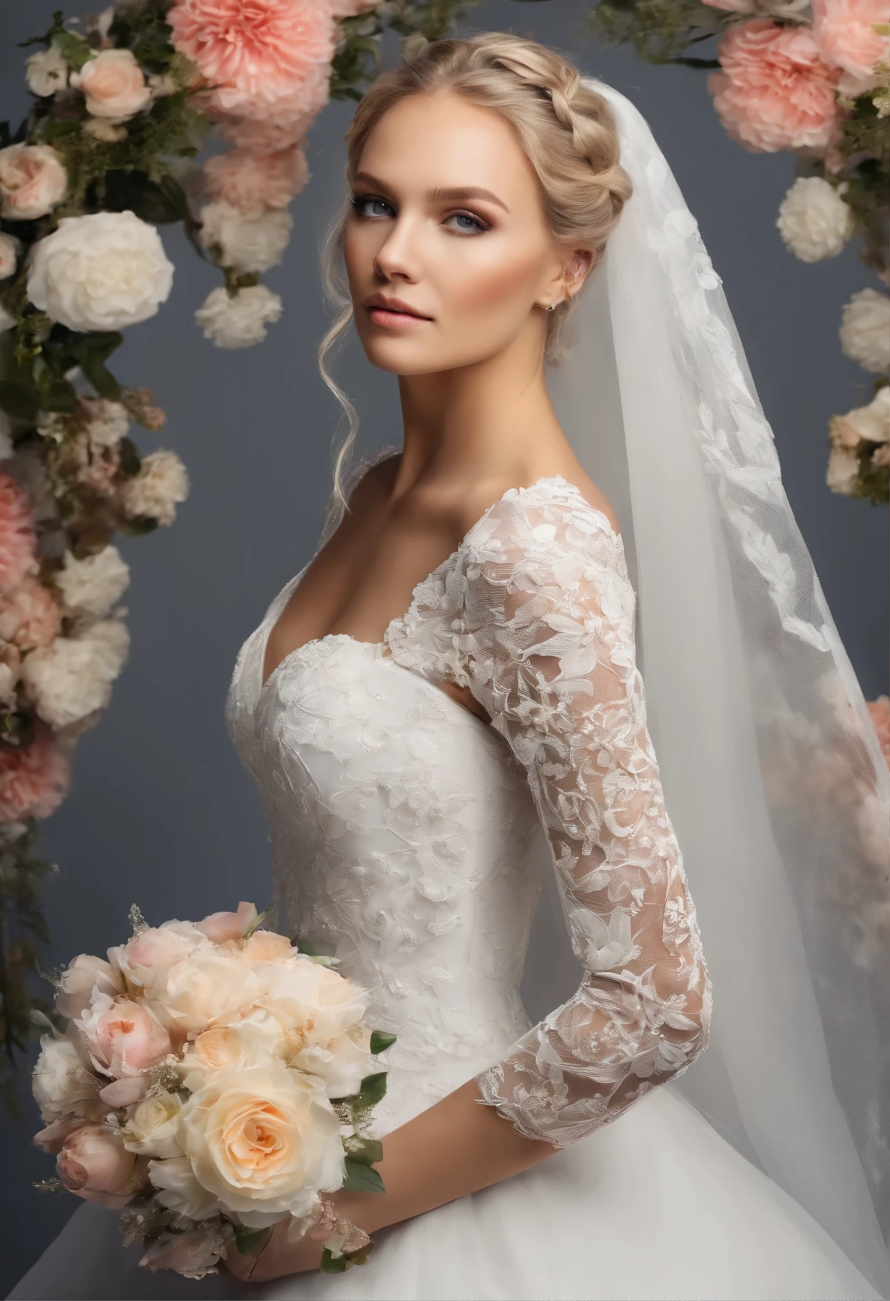 Beautiful bride in a veil, bright makeup, slight smile, blond thick hair, braids trimmed, against the backdrop of marvelous flowers