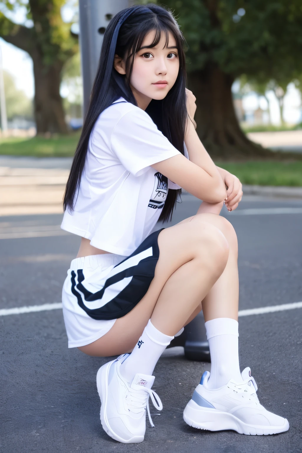 Girl with long black hair, White socks, White sneakers, bloomers, blue bloomers, school, gym shirts,