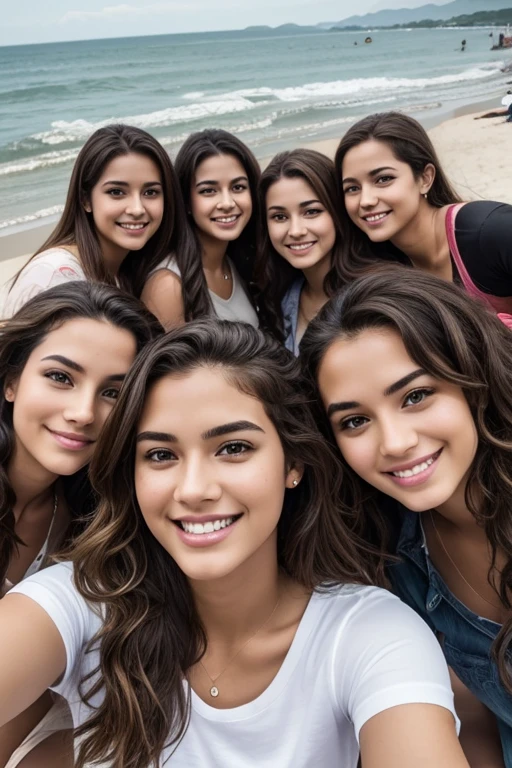 friends group highlights wearing a casual clothes, taking a selfie kissing highly detailed, 22 years old, innocent face, natural wavy hair, hazel eyes, Beauty 10 people, 10 people beauties, Casual clothes, A hyper-realistic, Smiling expression, beach hiquality, Friends group, smile, light smile, wavy hair, Nikon, Canon, Fujifilm, first-person view, pov, Canon, Nikon, Sony FE, HD, 4K, 8k, 16k, 16k, 16k, high quality