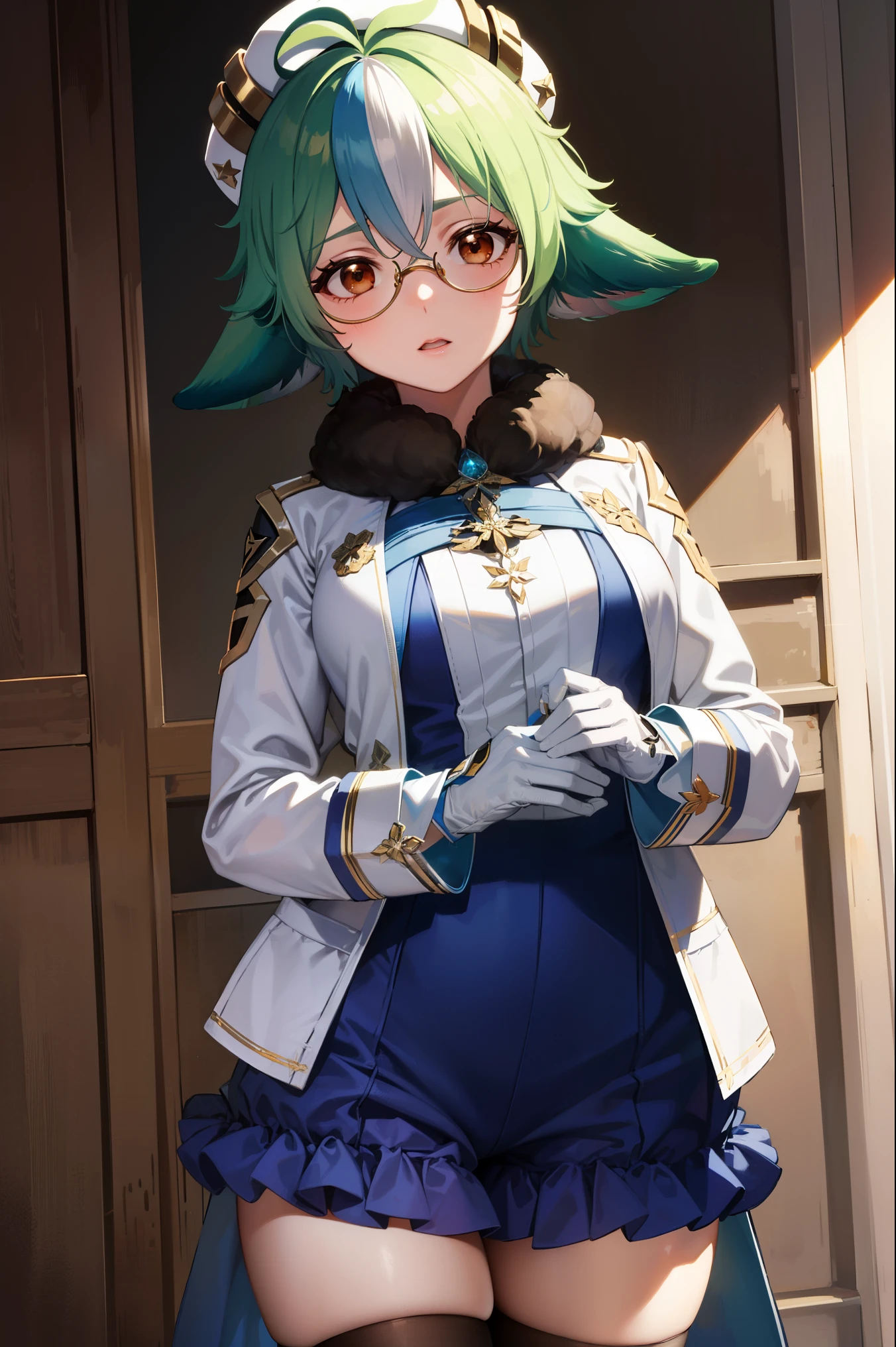 sucrose, sucrose, ahoge, animal ears, (brown eyes:1.5), glasses, gradient hair, hair between eyes, messy hair, multicolored hair, semi-rimless eyewear, short hair, green hair, embarrassed,
BREAK frills, fur collar, gem, gloves, green thighhighs, long sleeves, thighhighs, white headwear, zettai ryouiki, skirt, blue skirt,
BREAK indoors, laboratory,
BREAK looking at viewer, (cowboy shot:1.5),
BREAK (masterpiece:1.2), best quality, high resolution, unity 8k wallpaper, (illustration:0.8), (beautiful detailed eyes:1.6), extremely detailed face, perfect lighting, extremely detailed CG, (perfect hands, perfect anatomy),