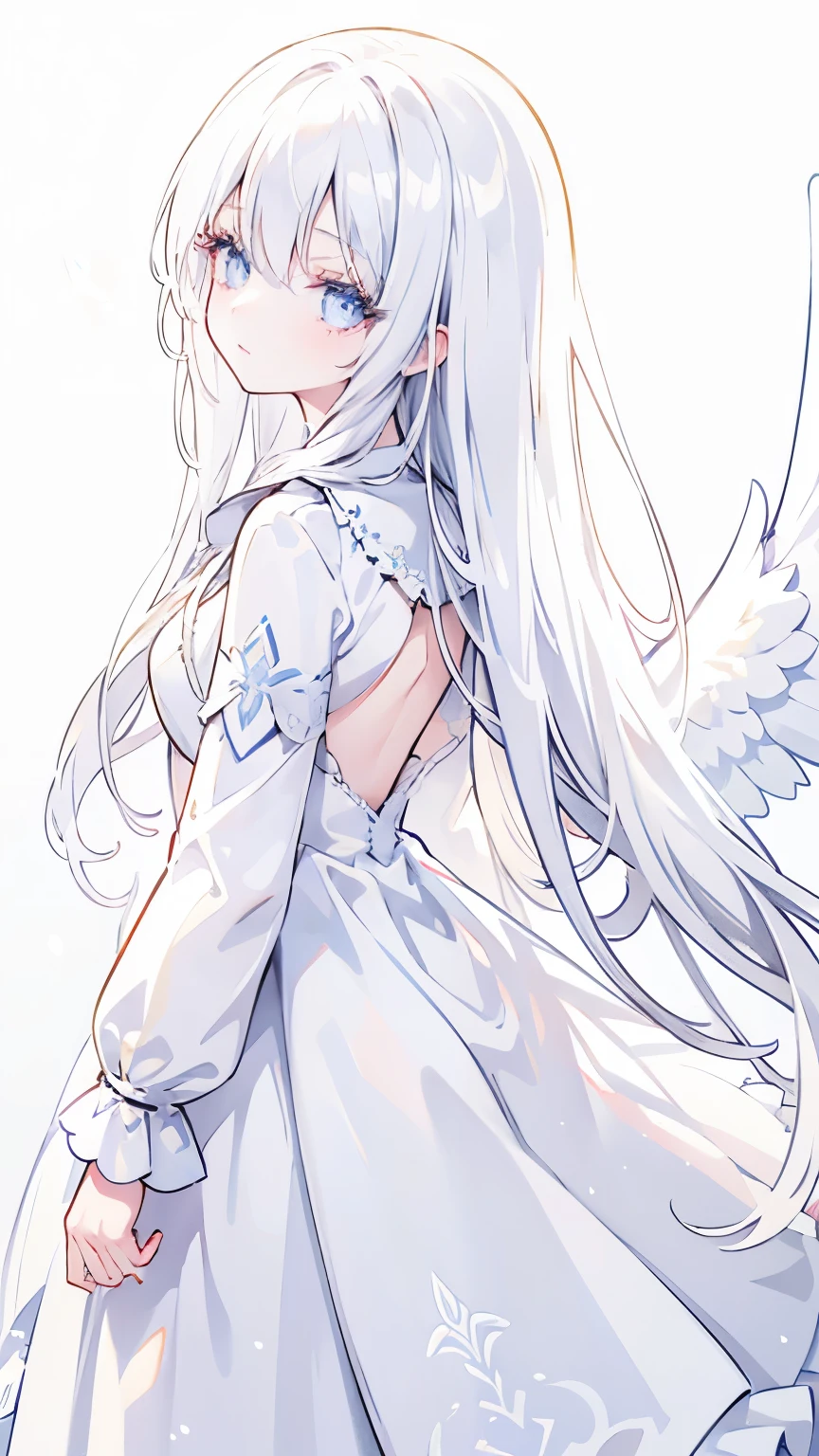 light particles, soft lighting, volumetric lighting, intricate details, finely detailed, 1girl, solo, White hair, long hair, Blue eyes, long eyelashes, thick eyelashes, looking at viewer, White dress, thin dress, battle dress, thin sleeves, (long sleeves:1.2), white wings from back, angel wings from back, black background, simple background, front view,