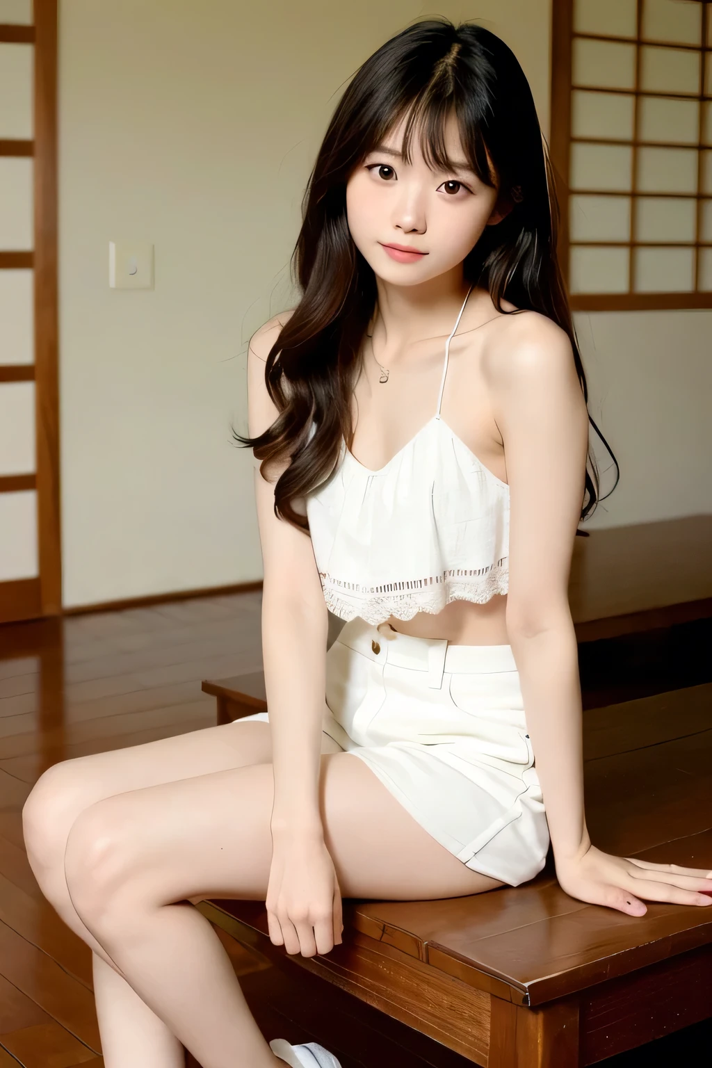 ((highest quality)), ((masterpiece)), (detailed), Perfect Face，Japanese，10th Generation，SLR,Thin arms,White skin,Western-style room，Thin legs,Ocean,Idol