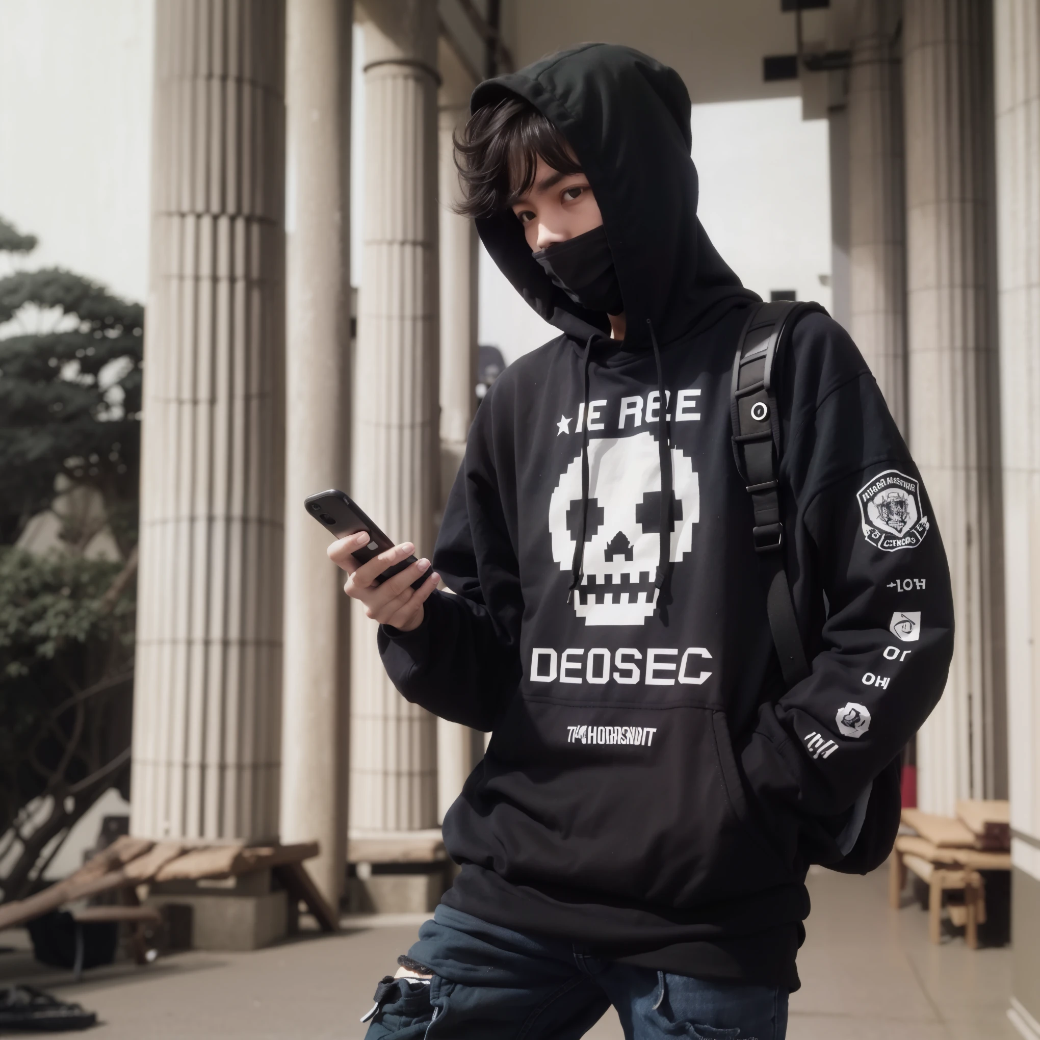 Man, 27 old years, Cool face, holding hp, black jeans, masterpiece, looking handphone, short hair