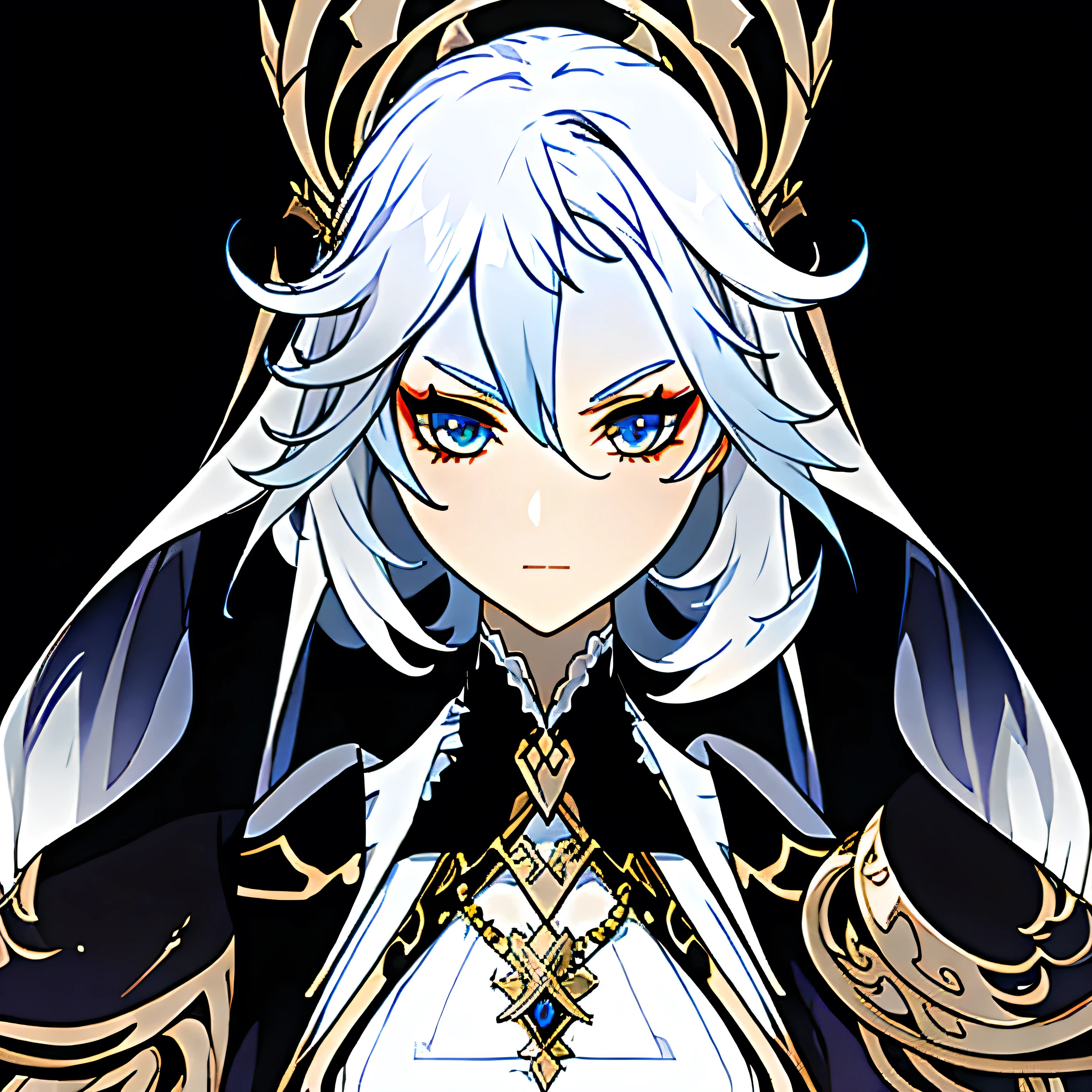 Long hair with gradient, white hair turns black, top with lace, astral witch clothes, complex outfit, black and white suit , clothing design, fantasy outfit, white and black clothes, fantasy style clothing, Anime set style, well-detailed outfit, witch clothes, fashionable rpg clothing, necklace, Close-up, young man, Combat clothing, Combat clothing, 1 girl, Combat clothing, Girl Fighter, Black background, detailed, Layered bangs, serious, woman, Simple clothes