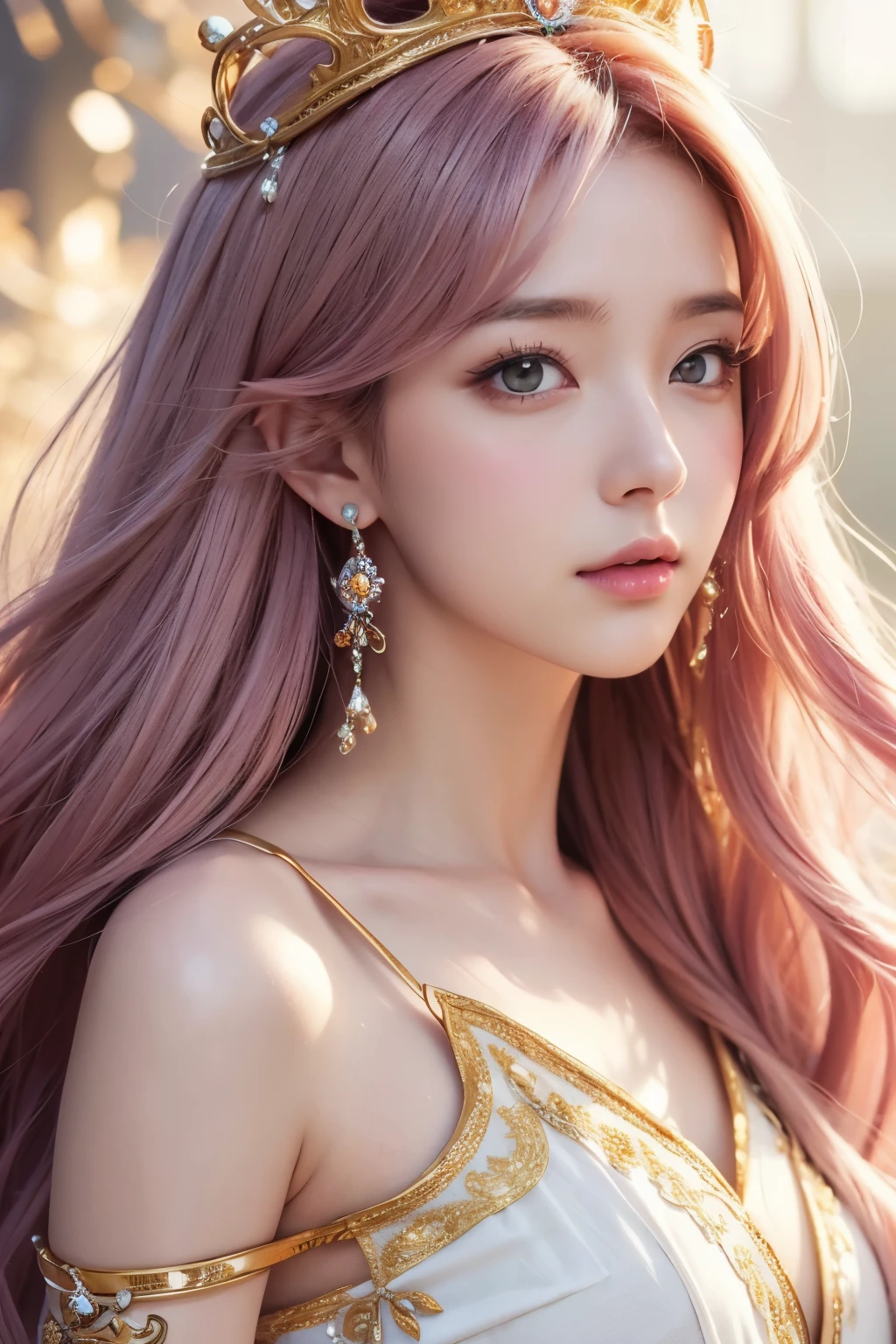 Anime Princess Style，face is a fair and (cool), all picture quality , mystical ,delicate and precise ,detailed background ,colorful picture ,high quality, luxury，Upper body，Hair color white，Golden Crown