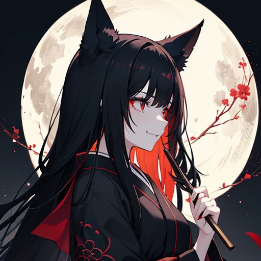 A girl with black fox-ears, face scars and morbid bloodless-face. She is wearing black Japanese-kimono and holding 匕首 the knife. She is eerily laughing, insanity. Blood-moon, Scarlet celestials, Groves at night, Dark atmosphere, Gloomy, Profile