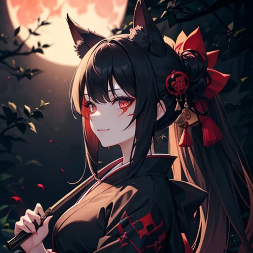 A girl with black fox-ears, face scars and morbid bloodless-face. She is wearing black Japanese-kimono and holding 匕首 the knife. She is eerily laughing, insanity. Blood-moon, Scarlet celestials, Groves at night, Dark atmosphere, Gloomy, Profile