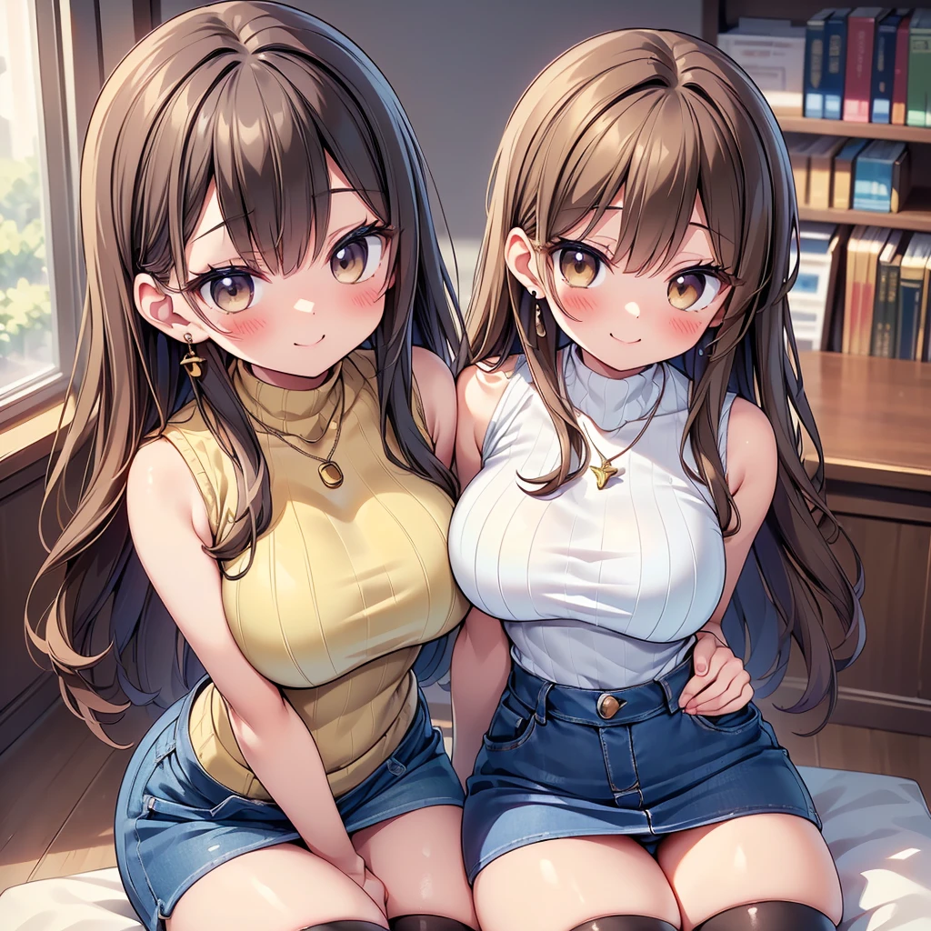 (Tabletop, highest quality, High resolution, , Perfect Pixel, 4K,), 1 girl, single, alone, Beautiful woman、I could see the whole body、 ((Wavy mid-hair, bangs, Brown Hair)), ((Brown eyes, Beautiful eyelashes, Realistic eyes)), ((Detailed face, blush:1.2)), ((Smooth texture:0.75, Realistic texture:0.65, Realistic:1.1, Anime CG Style)), ((Soft Breasts)), Dynamic Angle, Perfect body, ((, Beige sleeveless turtleneck sweater、Tight Denim Mini Skirt、Black Stockings、Cute Necklace、Earrings Massage your breasts with both hands)), Superior、A shy smile、In front of the bookshelves in the library、Sit at a desk、(Angle from below、)