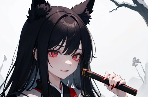 A girl with black fox-ears, face scars and morbid bloodless-face. She is wearing black Japanese-kimono and holding 匕首 the knife. She is eerily laughing, insanity. Blood-moon, Scarlet celestials, Groves at night, Dark atmosphere, Gloomy, Profile