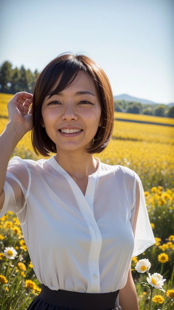 NSFW, ((highest quality)), ((8K)), ((masterpiece:1.3)), (perfect look), (photorealism:1.6), (Japanese woman standing in the middle of a flower field: 1.6), (outdoors), (bright blue sky), hideko_face, japanese woman, 47 years old, married woman, Wedding ring on the left ring finger, ((Realistic skin texture)), (Fine wrinkles throughout the skin: 1.3), (Dull skin: 1.1), (Skin without moisture: 1.2) , (Wrinkles on the face: 0.9), (Wrinkles on the corners of the eyes: 1.2), Double eyelids, tear bags on the lower eyelids, (Crying moles: 0.9), The eyes are looking here, serious gaze, (Dimples: 1.2), facial wrinkles:1.2, wrinkles around the eyes:0.8, tear bags around the eyes, double eyelid, The line of sight is looking at this, short bangs, short hair, (hair falls over ears), nervous look, smiling with the corners of his mouth turned up), (small breasts:1.2), soft fabric blouse, wide sleeves, Cuffs that fit your wrist, (The hem of the blouse is tucked into the skirt: 1.2), flare skirt, The shape of the nipple that stands out, small breasts, hard and erect nipples, ((whole body)), (super low angle:1.5), focus on upper body,