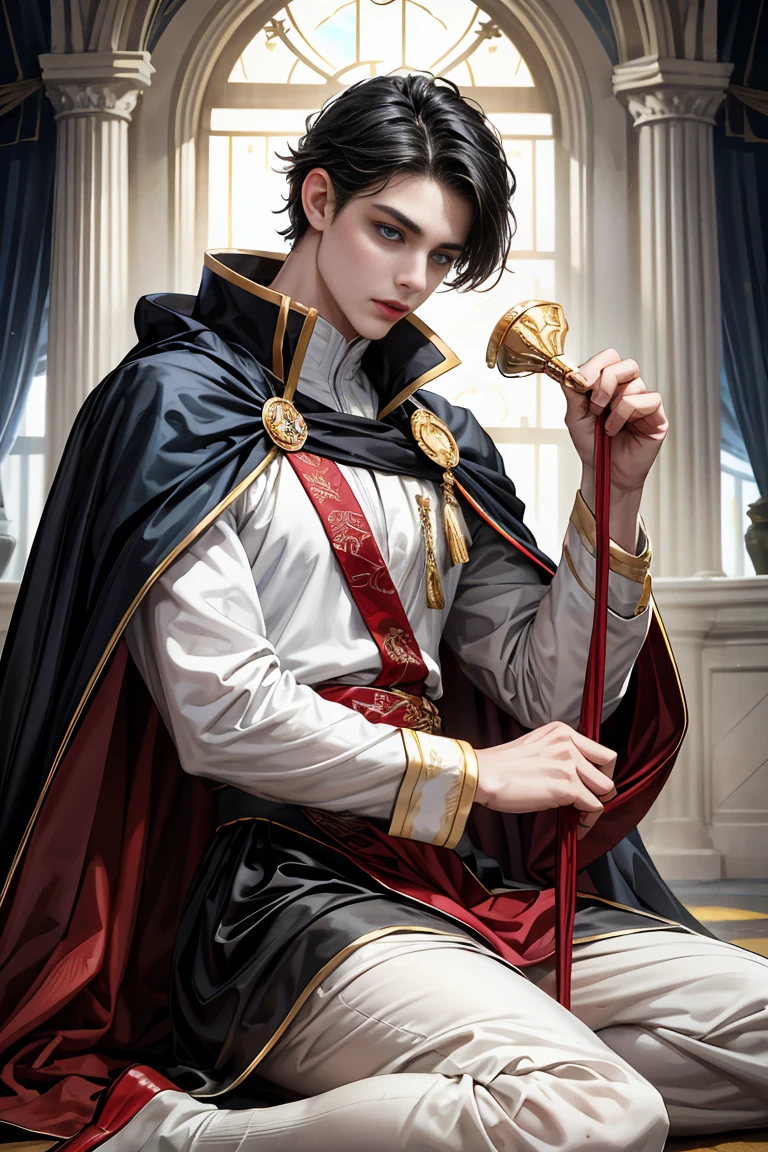 
masterpiece, 最high quality, high quality, 1 boy, alone, Male focus, Watching the audience,  Messy black hair, Adorable big blue eyes, White, Noble, Noble, Beautiful angel、A very big, very big, very big, very long, long red and black cape made with a lot of fabric that reaches all the way down to the floor, 17 years old,Cute beautiful boys,Cute, cute, kind, handsome guy