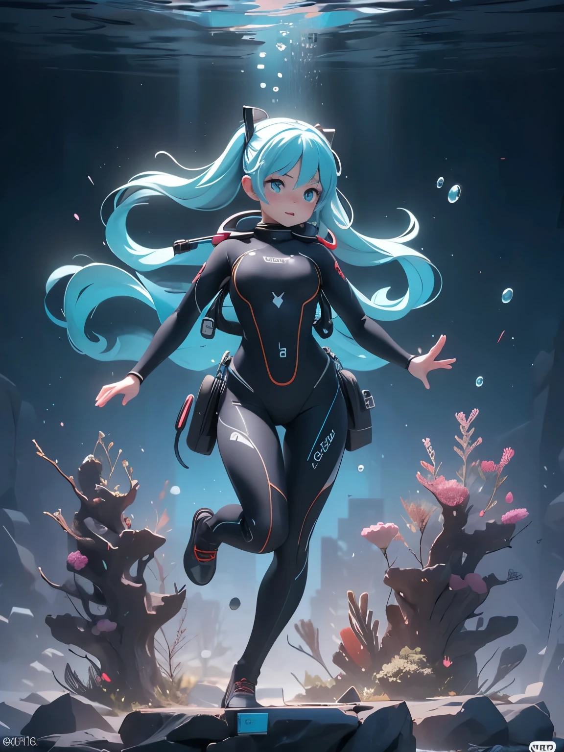 (masterpiece、highest quality、highest quality、Official Art、Beautiful and beautiful:1.2)、(One girl:1.3)Hatsune Miku、Twin tails,Big Breasts,((masterpiece, highest quality, Best image quality, High resolution, Realistic, RAW Photos, 8k)), ((Highly detailed CG synthesis 8k wallpaper)), (Huge and stunning goddess shot, Very hot and sexy, Incredible beauty, Perfect Proportions, Beautiful body, Slim body beauty:1.4), (Scuba diver with equipment and gear underwater, scuba diving, Wearing a black wetsuit and scuba mask), Diver is under the sea, Diver is under the sea, incredible depth, Underwater face, extreme depth, amazing depth, lower angle, Are you having fun, Have fun, expedition, depth, deep depth, Underwater Profile, Looking up underwater, (deep), going even deeper,