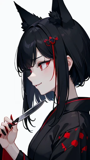 A girl with black fox-ears, face scars and morbid bloodless-face. She is wearing black Japanese-kimono and holding 匕首 the knife. She is eerily laughing, insanity. Blood-moon, Scarlet celestials, Groves at night, Dark atmosphere, Gloomy, Profile