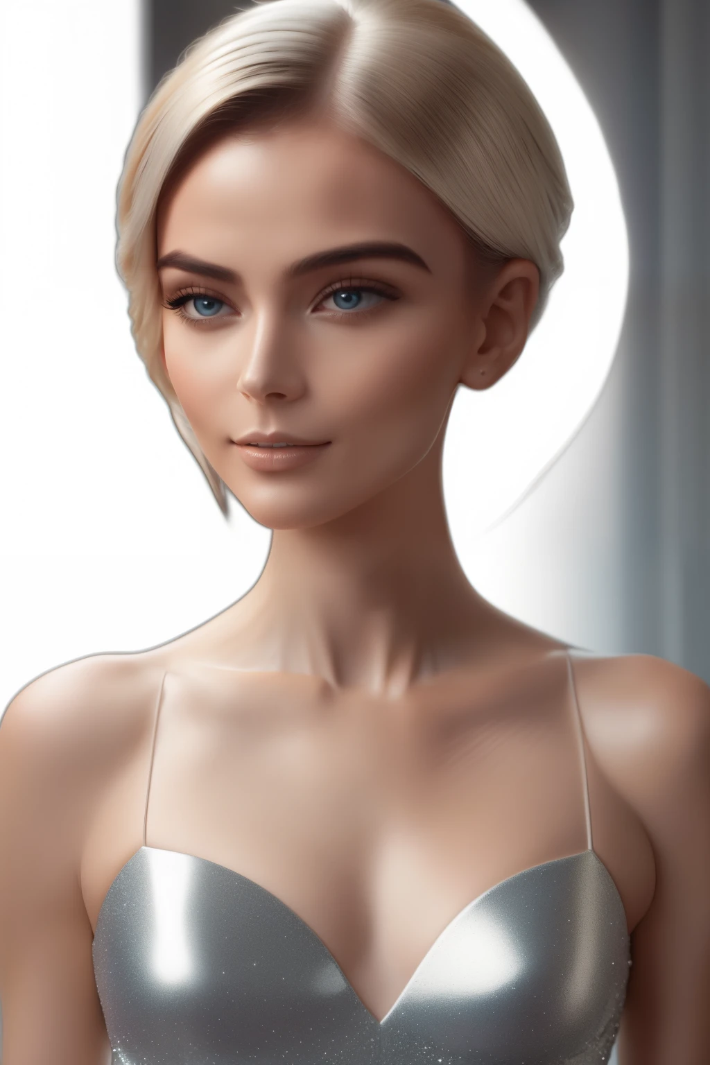 Create an image of a futuristic female AI model named 'Lumina' for a luxury modeling agency. She embodies elegance and sophistication, with a sleek, metallic skin that shimmers like polished silver. Her features are perfectly symmetrical, a harmonious blend of high fashion and technology. Lumina's expressive, bright eyes gleam with a soft, ethereal blue light, enhancing her enchanting allure. Her hairstyle is smooth and streamlined, a testament to her seamlessly blended organic and artificial nature.
Lumina gracefully wears modern, sophisticated clothes that accentuate her sophisticated AI persona. Her outfit molds flawlessly to her