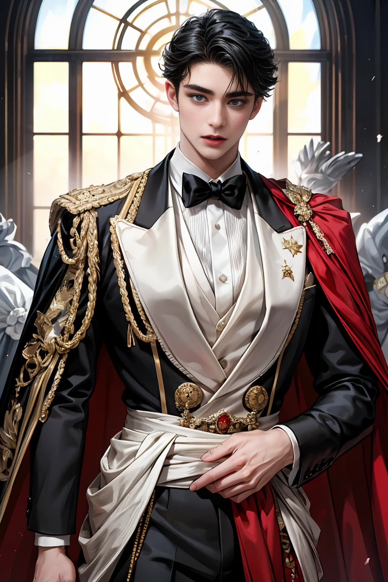 
masterpiece, 最high quality, high quality, 1 boy, alone, Male focus, Watching the audience,  Messy black hair, Adorable big blue eyes, White, Noble, Noble, Beautiful Vampire、Tuxedo、A very voluminous, large, very large, very large, long, long red and black cape with a high stand-up collar, made of a lot of fabric that reaches down to the floor., 17 years old,Cute beautiful boys,Cute, cute, kind, handsome guy