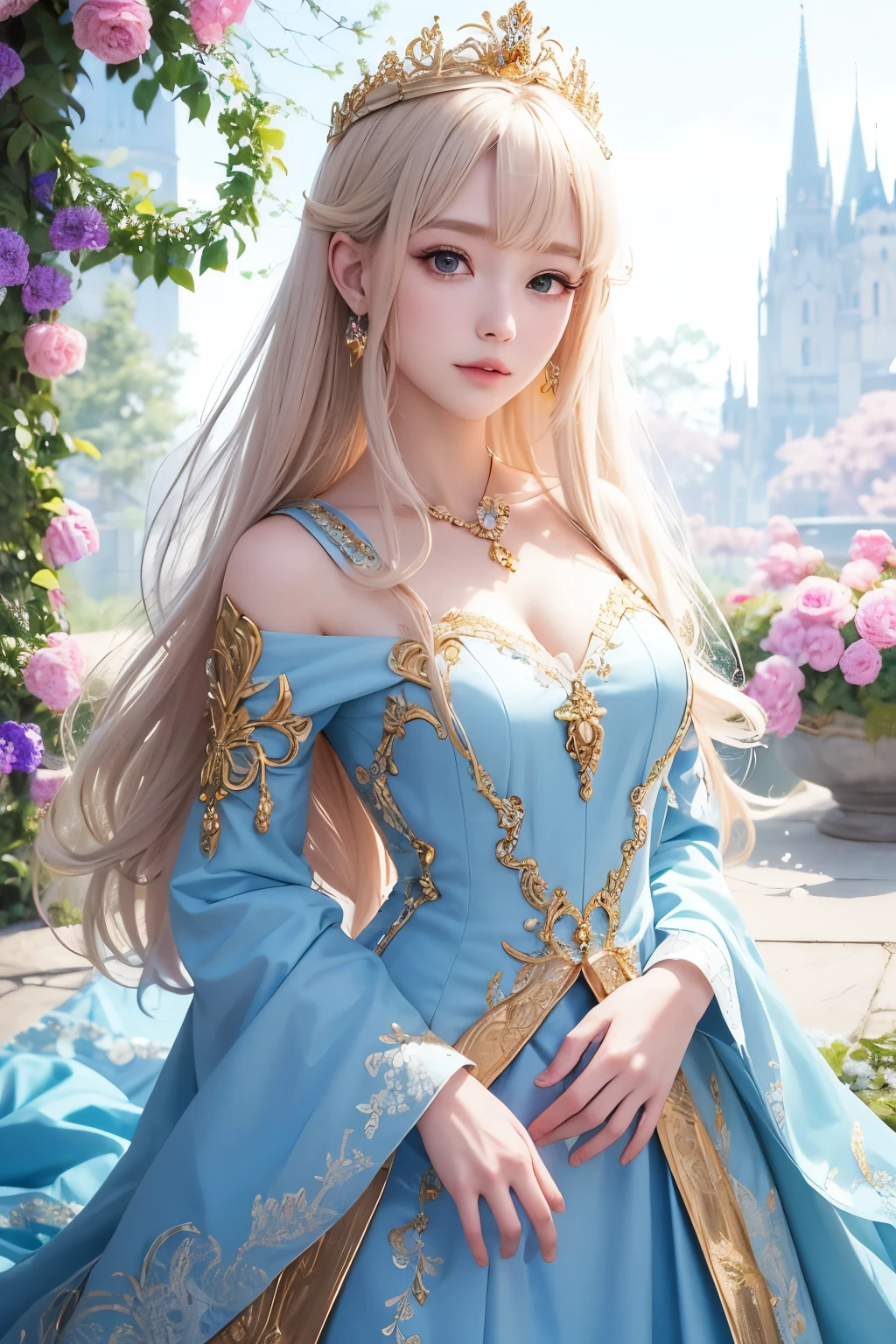 Anime Princess Style,face is a fair and (cool), all picture quality , mystical ,delicate and precise ,detailed background ,colorful picture ,high quality, luxury,Upper body,Hair color white,Golden Crown