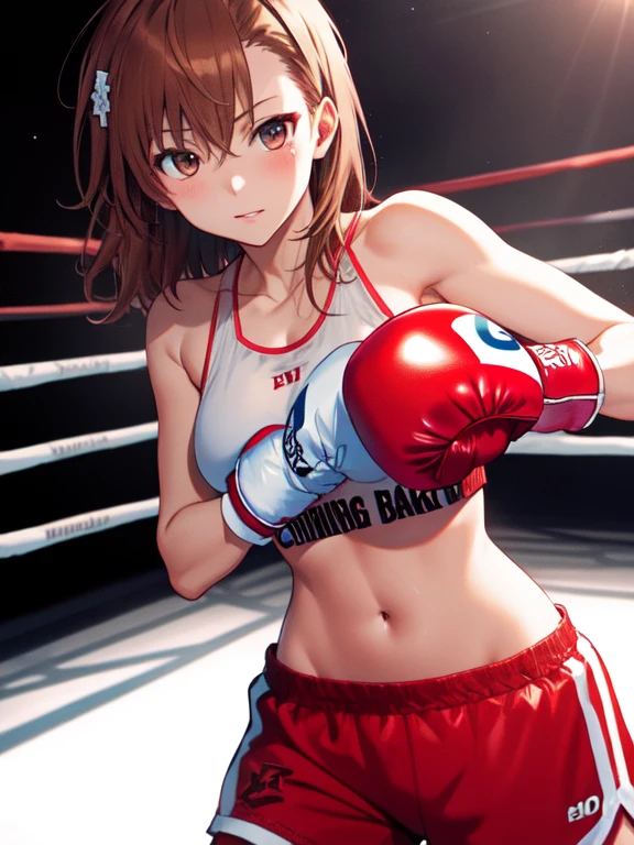 Misaka Mikoto、boxing、boxingグローブ:1.5、UHD, retina, masterpiece, ccurate, anatomically correct, textured skin, super detail, high details, high quality, best quality, highres, 4K