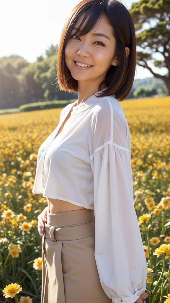 NSFW, ((highest quality)), ((8K)), ((masterpiece:1.3)), (perfect look), (photorealism:1.6), (Japanese woman standing in the middle of a flower field: 1.6), (outdoors), (bright blue sky), hideko_face, japanese woman, 47 years old, married woman, Wedding ring on the left ring finger, ((Realistic skin texture)), (Fine wrinkles throughout the skin: 1.3), (Dull skin: 1.1), (Skin without moisture: 1.2) , (Wrinkles on the face: 0.9), (Wrinkles on the corners of the eyes: 1.2), Double eyelids, tear bags on the lower eyelids, (Crying moles: 0.9), The eyes are looking here, serious gaze, (Dimples: 1.2), facial wrinkles:1.2, wrinkles around the eyes:0.8, tear bags around the eyes, double eyelid, The line of sight is looking at this, short bangs, short hair, (hair falls over ears), nervous look, smiling with the corners of his mouth turned up), (small breasts:1.2), soft fabric blouse, wide sleeves, Cuffs that fit your wrist, (The hem of the blouse is tucked into the skirt: 1.2), flare skirt, The shape of the nipple that stands out, small breasts, hard and erect nipples, ((whole body)), (super low angle:1.5), focus on upper body,