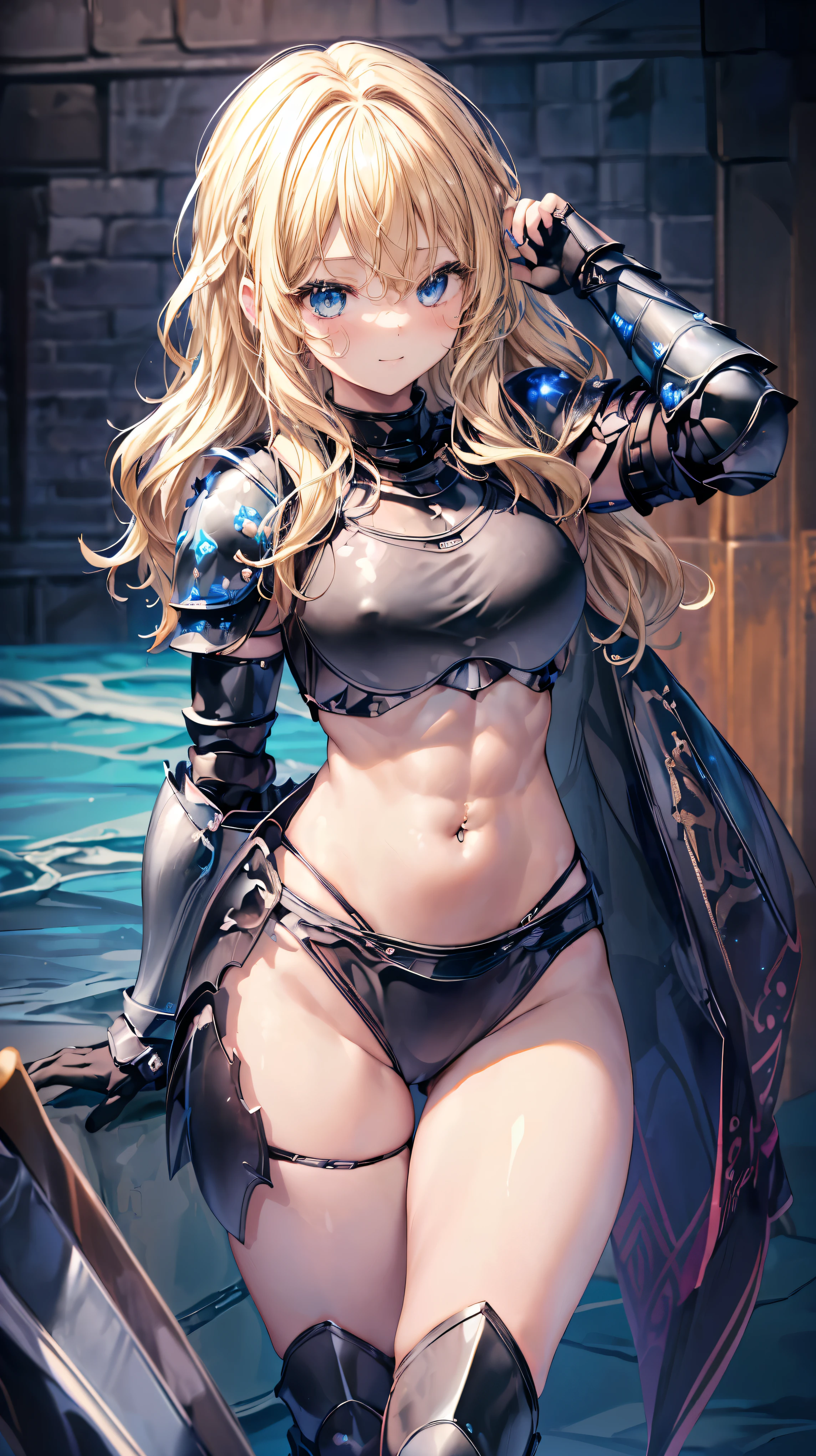 Very detailed、highest quality、Best image quality、masterpiece、8k、Anime Face、A kind smile、Open your mouth、Sparkling blue eyes、(Blonde wavy hair:1.5)、、Muscles of the whole body、camisole、Thigh belt、mini skirt、(Wearing black bikini armor:1.5)、(Cowboy Shot:1.5)、(Leg armor:1.5)、Armor