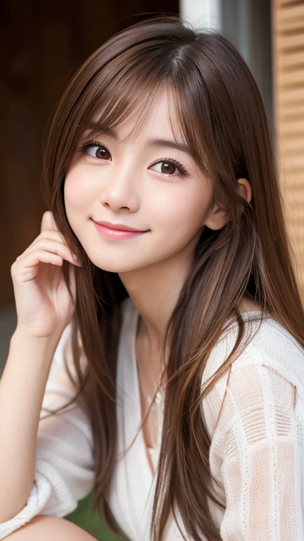Brown Hair,Medium Hair,20-year-old female, Small nose, With the correct face, Cute natural smile, Japanese facial features, A clean and cute face, Cute realistic portrait, Asian Face, 8K Photo, Soft Makeup,Natural skin texture,Raw photo,highest quality,Full Body Shot,magician